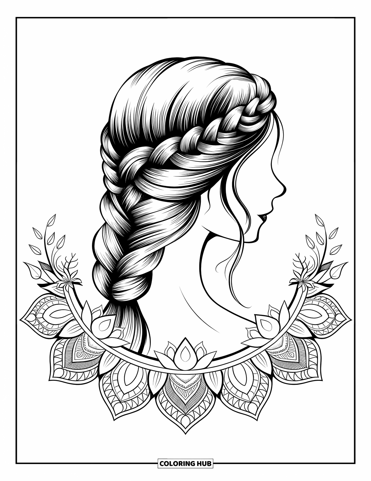 Hair Coloring Page for Adults: A detailed braided crown surrounded by a floral mandala pattern
