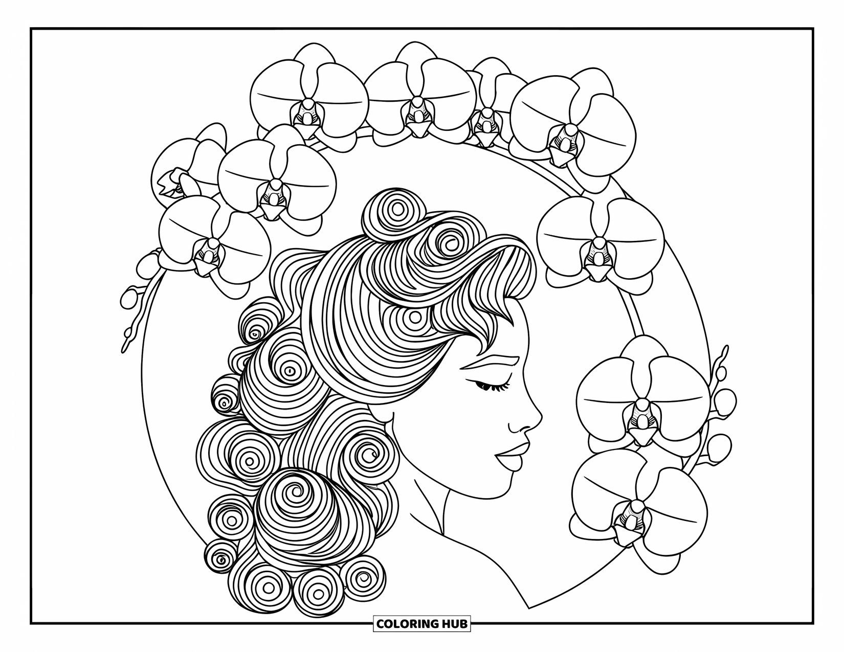 Hair Coloring Page for Adults: A detailed profile of curls and orchids creating a calm, elegant scene