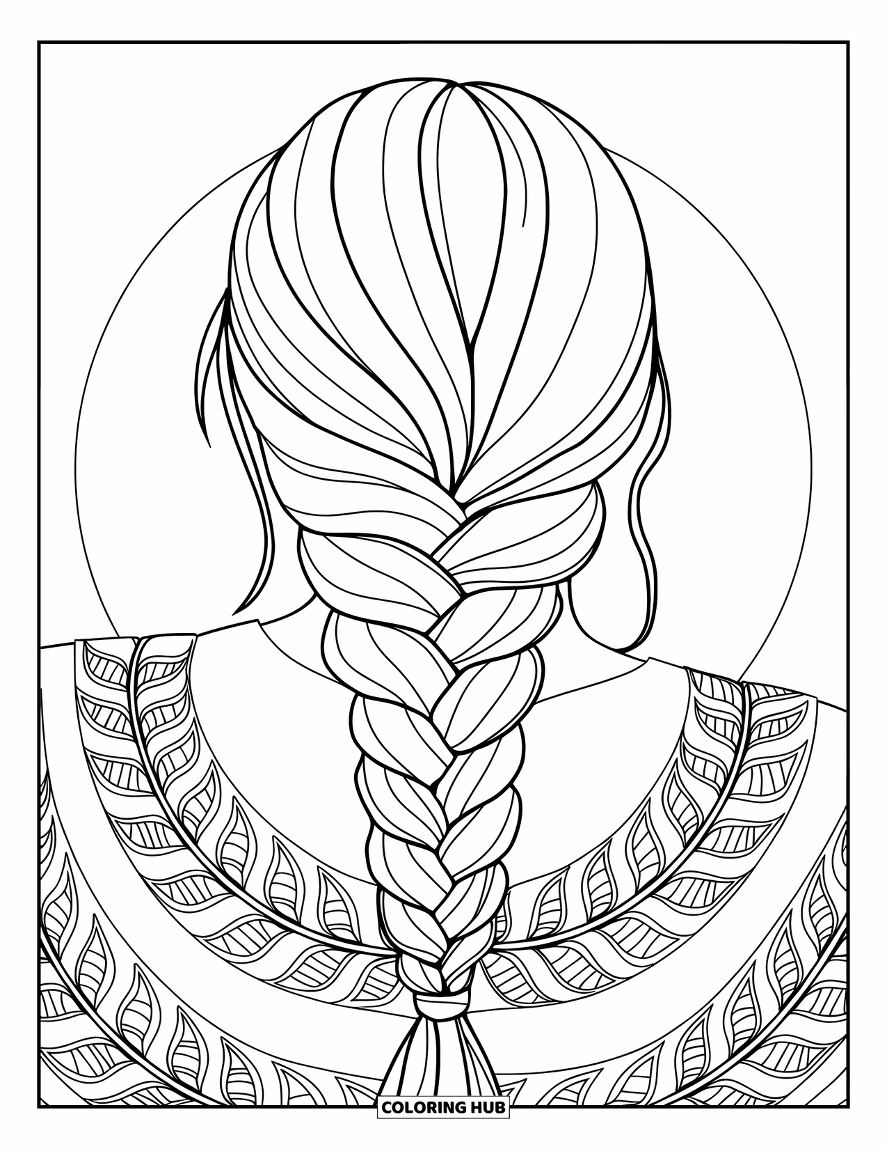 Hair Coloring Page for Adults: A fishtail braid wrapped with circular mandala patterns