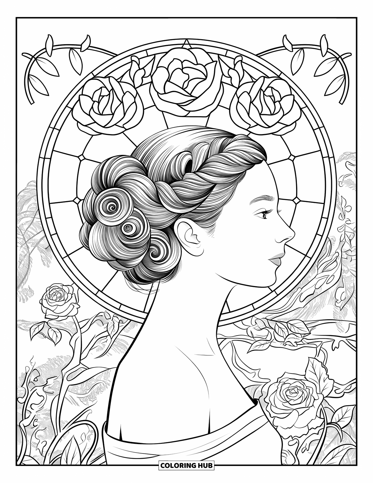 Hair Coloring Page for Adults: A French twist with a rose frame set in a blooming garden