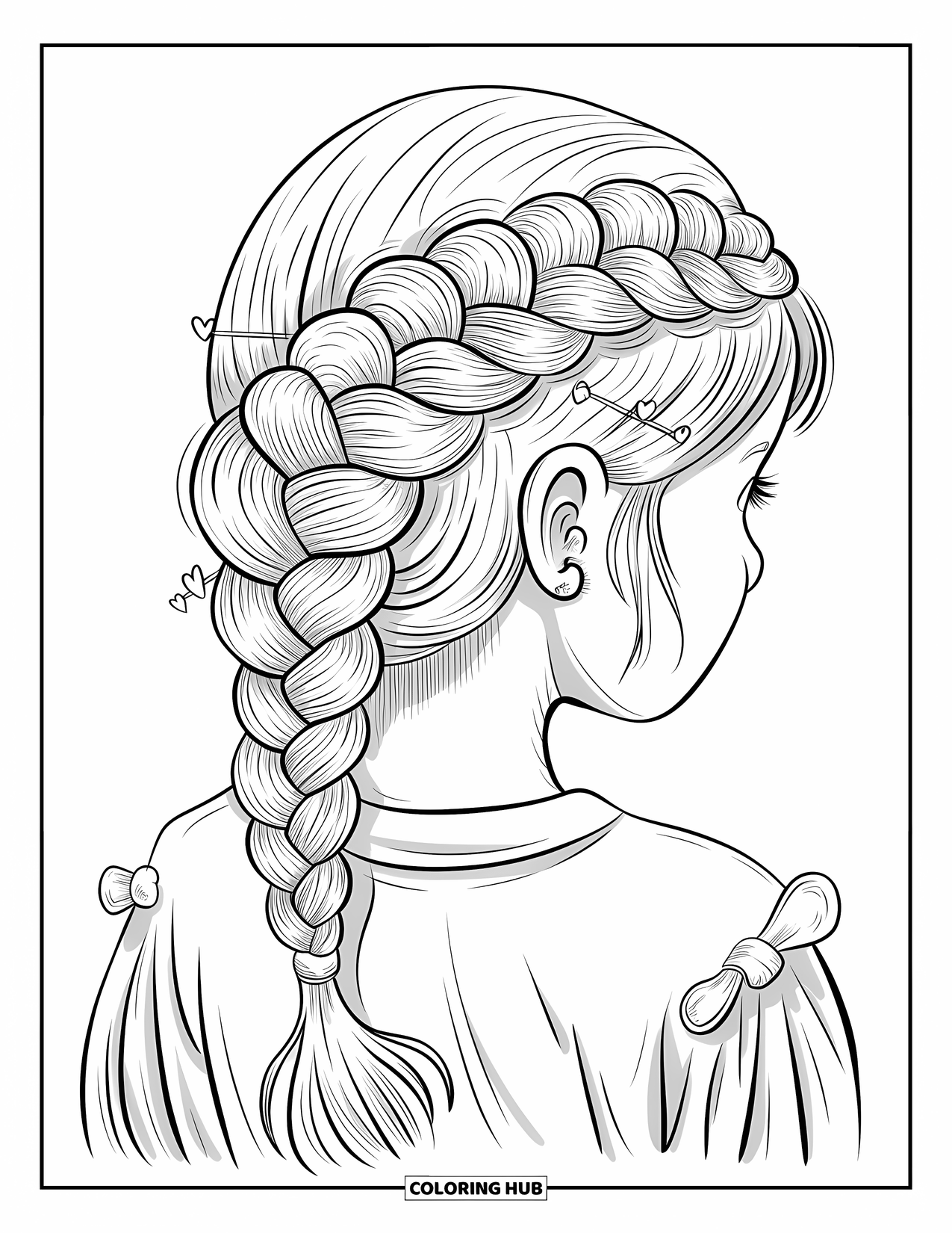 Hair Coloring Page for Adults: A girl with a big bow-like braid and small heart hairpins