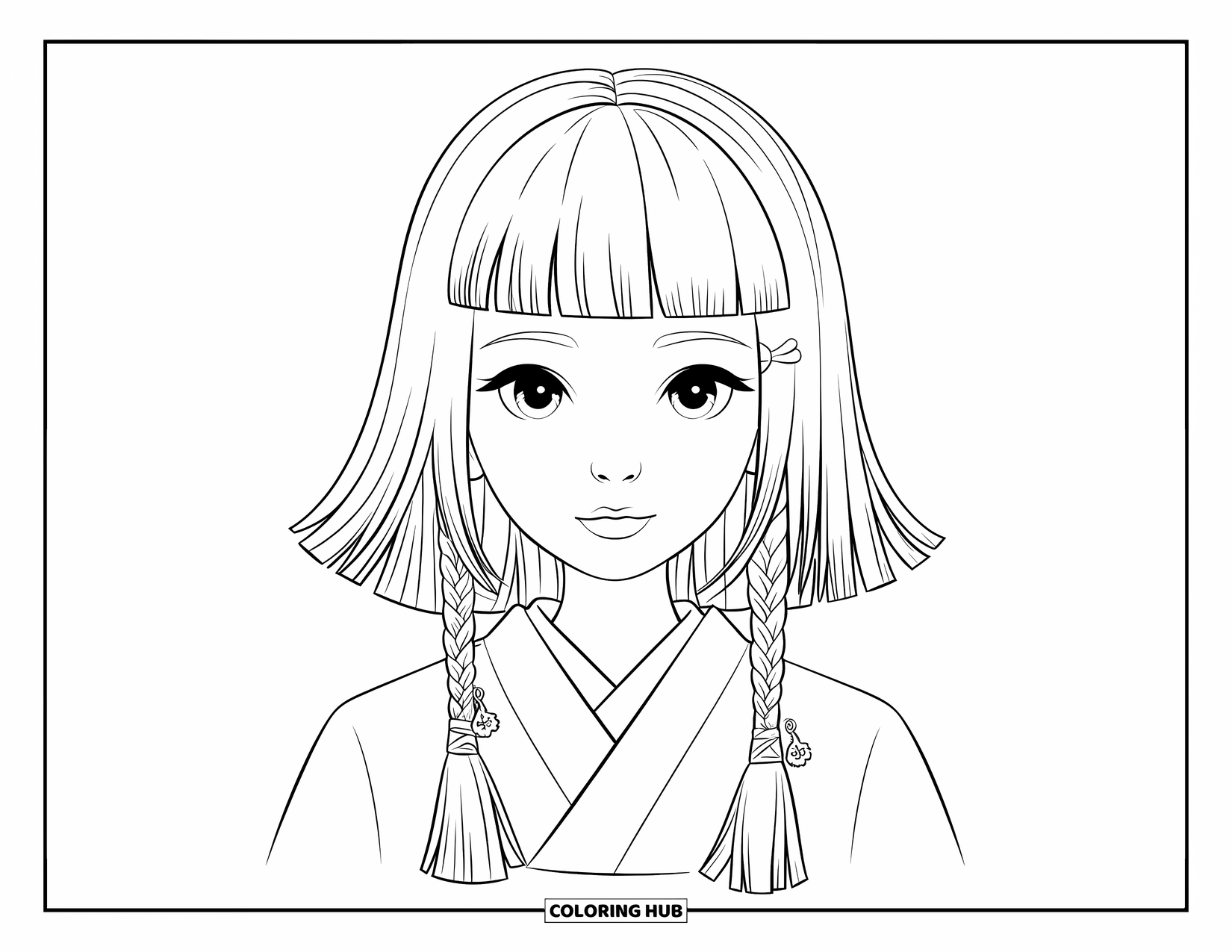 Hair Coloring Page for Adults: A girl with a classic hime cut and braided side locks tied with cute charms