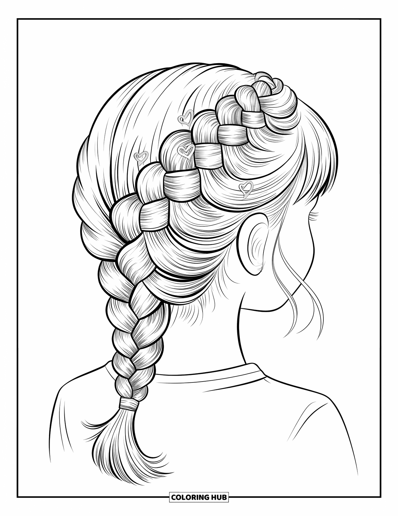 Hair Coloring Page for Adults: A girl with a looping braid shaped like a bow and heart hairpins
