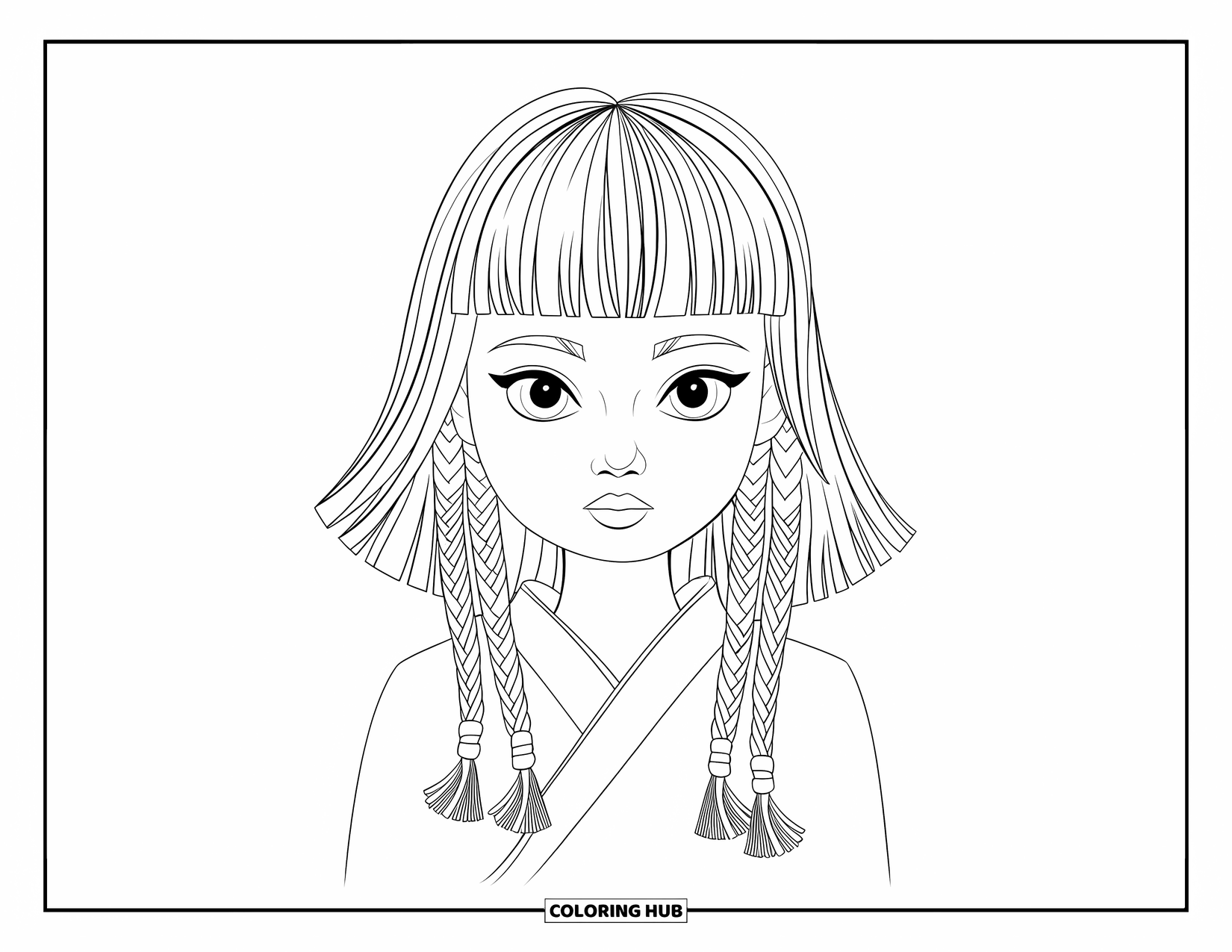 Hair Coloring Page for Adults: A girl with a neat hime cut and charming braided side locks