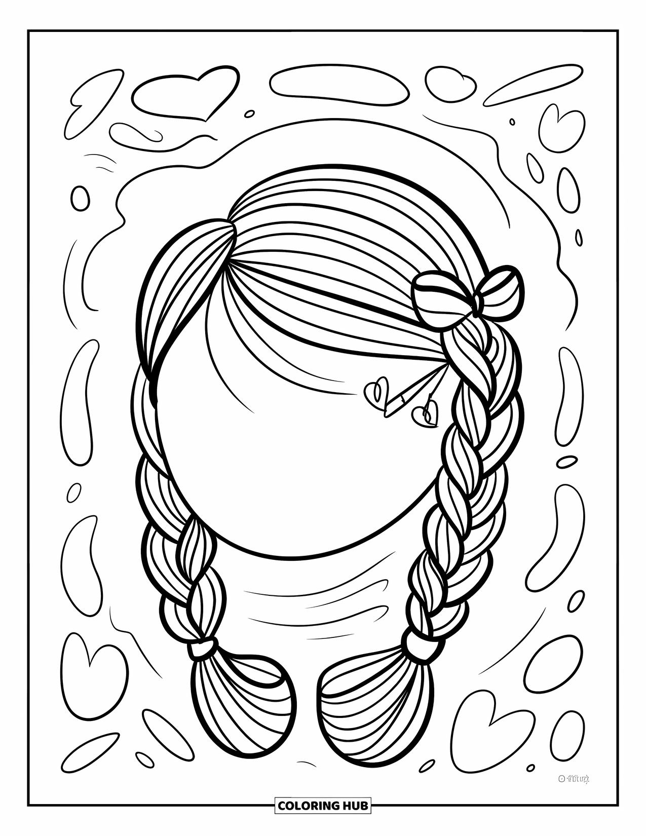 Hair Coloring Page for Adults: A girl with a ribbon-shaped braid and heart clips in her hair