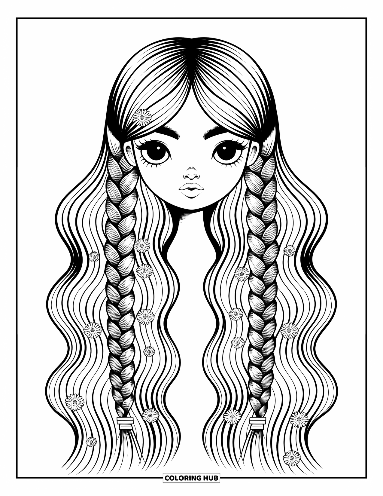 Hair Coloring Page for Adults: A girl with flowing waterfall braids and small flower clips