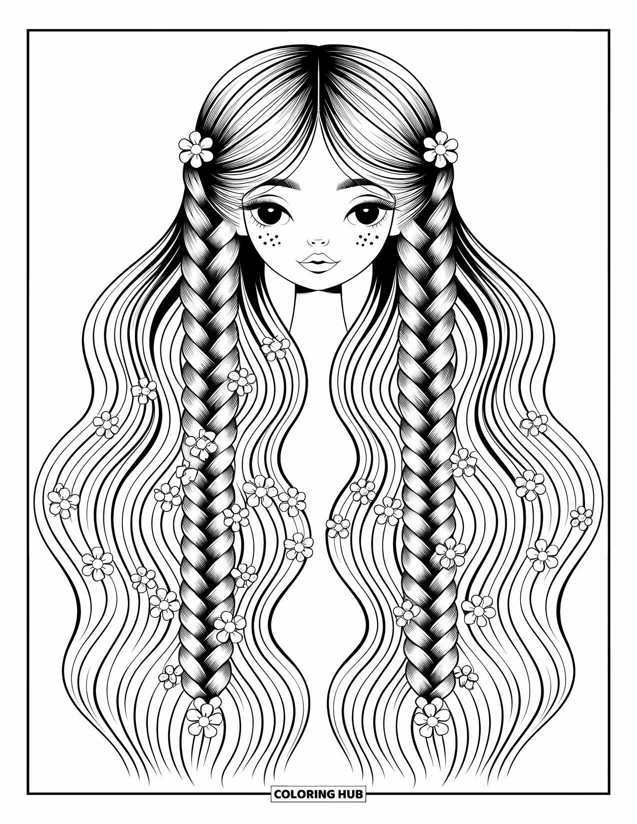 Hair Coloring Page for Adults: A girl with waterfall braids decorated with tiny flower clips