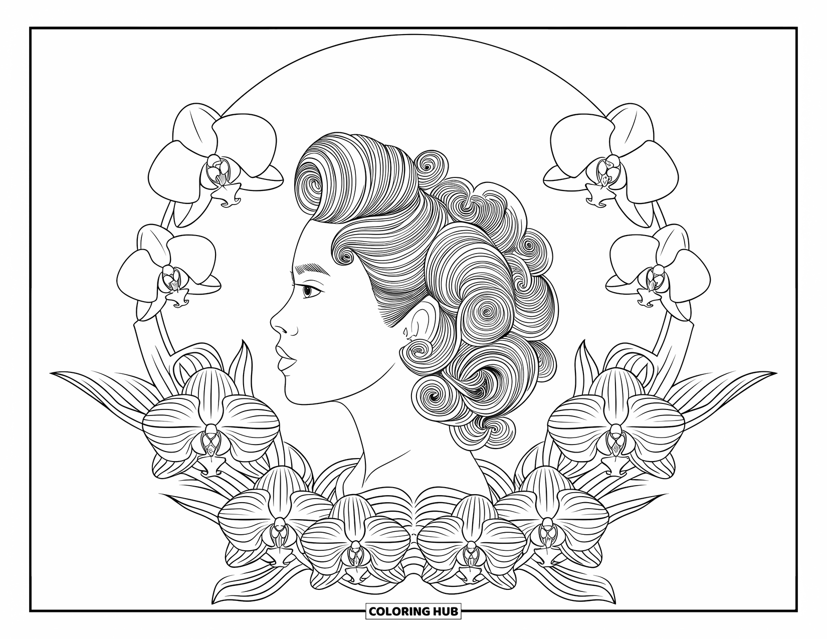 Hair Coloring Page for Adults: A profile of curls framed by orchids inside a soft white circle