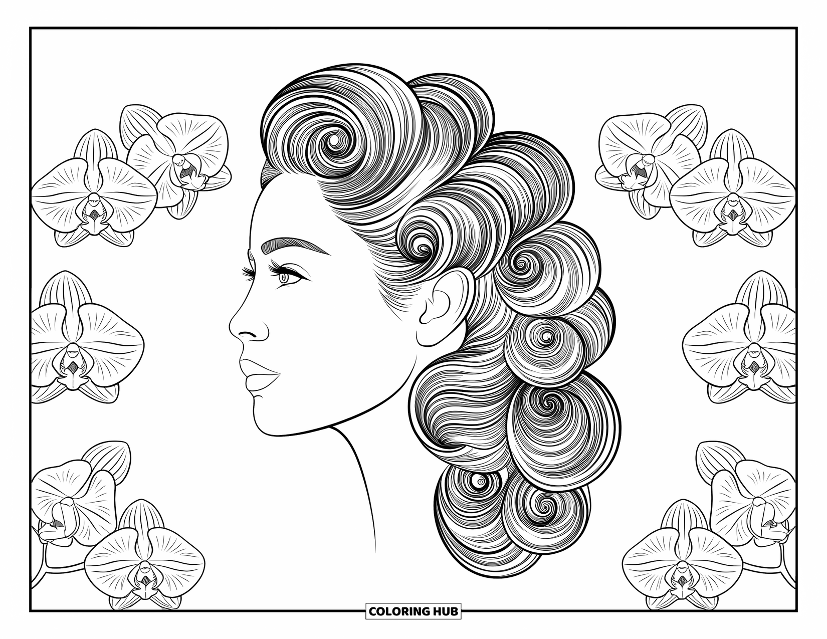 Hair Coloring Page for Adults: A profile of thick curls pulled to one side, surrounded by graceful orchids