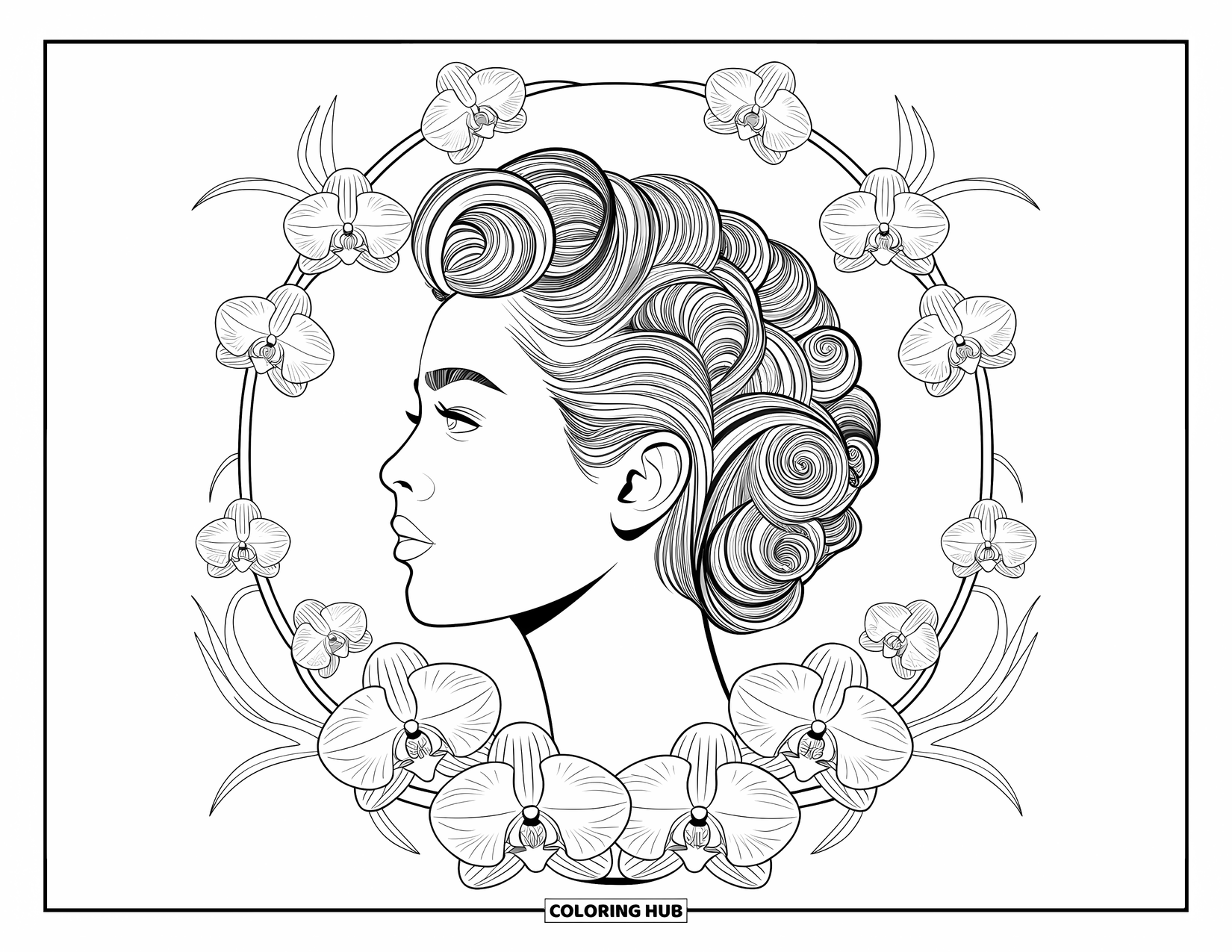 Hair Coloring Page for Adults: A side view of flowing curls bordered by delicate orchids