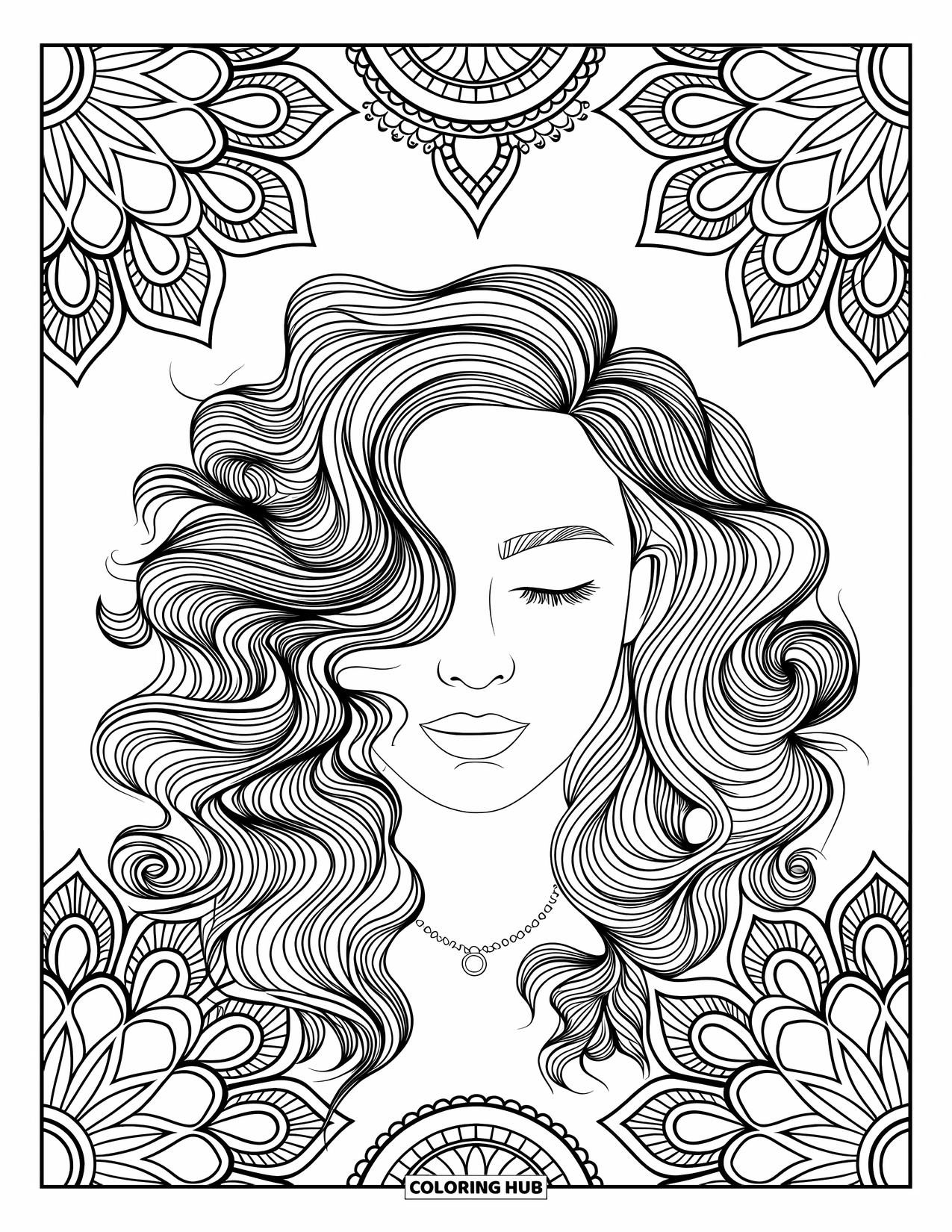Hair Coloring Page for Adults: A woman with soft cascading curls framed by elegant mandala patterns