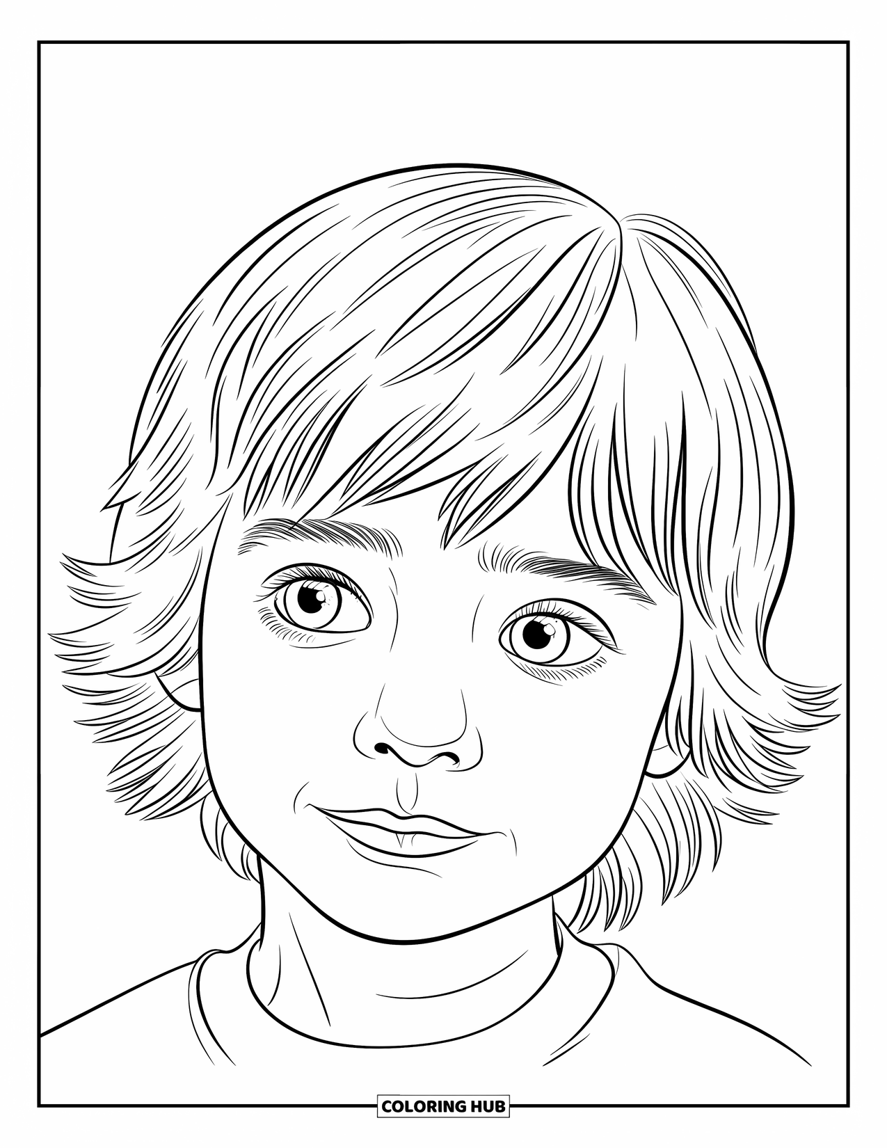 Hair Coloring Page for Kids: A boy with curtain bangs looks to the right with a gentle smile
