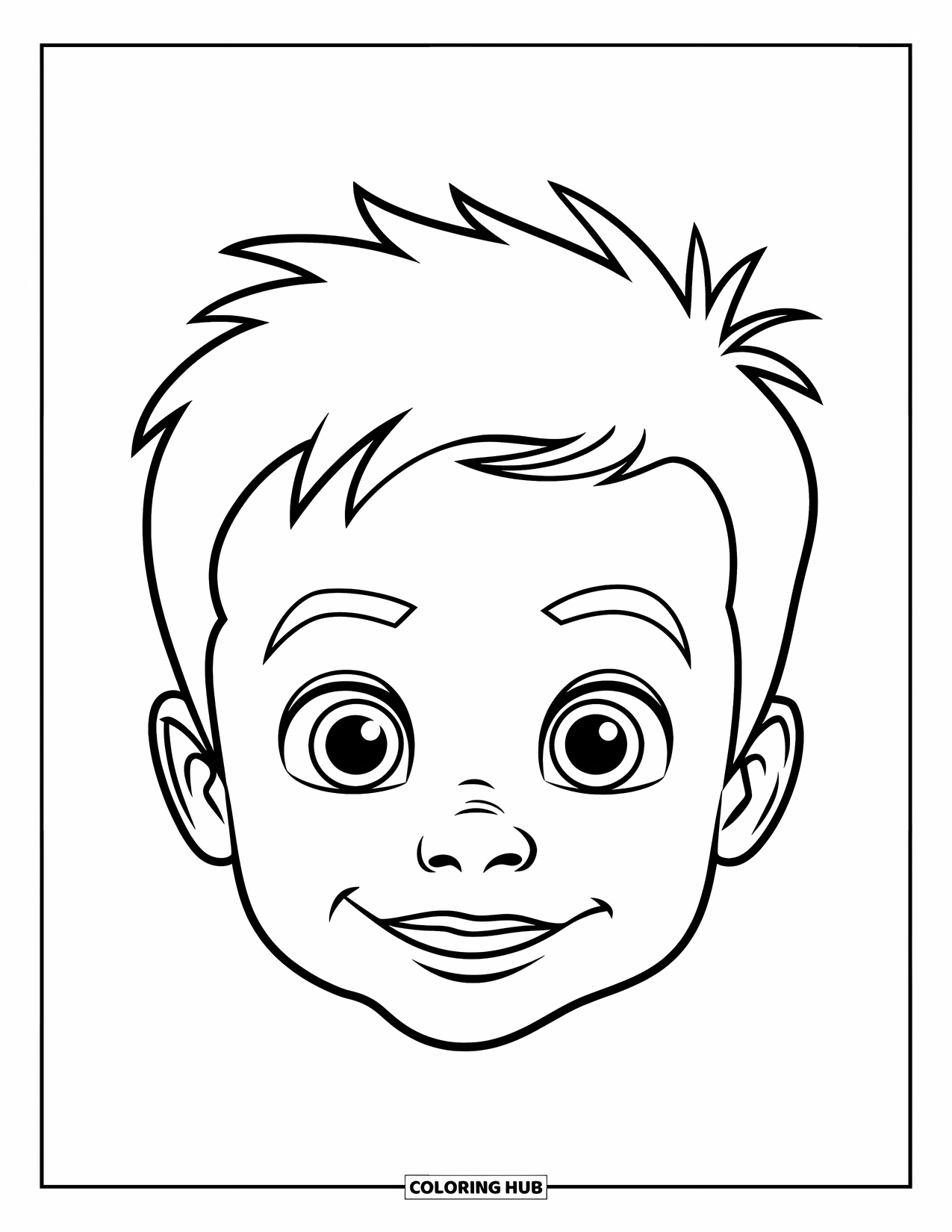 Hair Coloring Page for Kids: A boy with spiky hair smiles happily with bright, round eyes