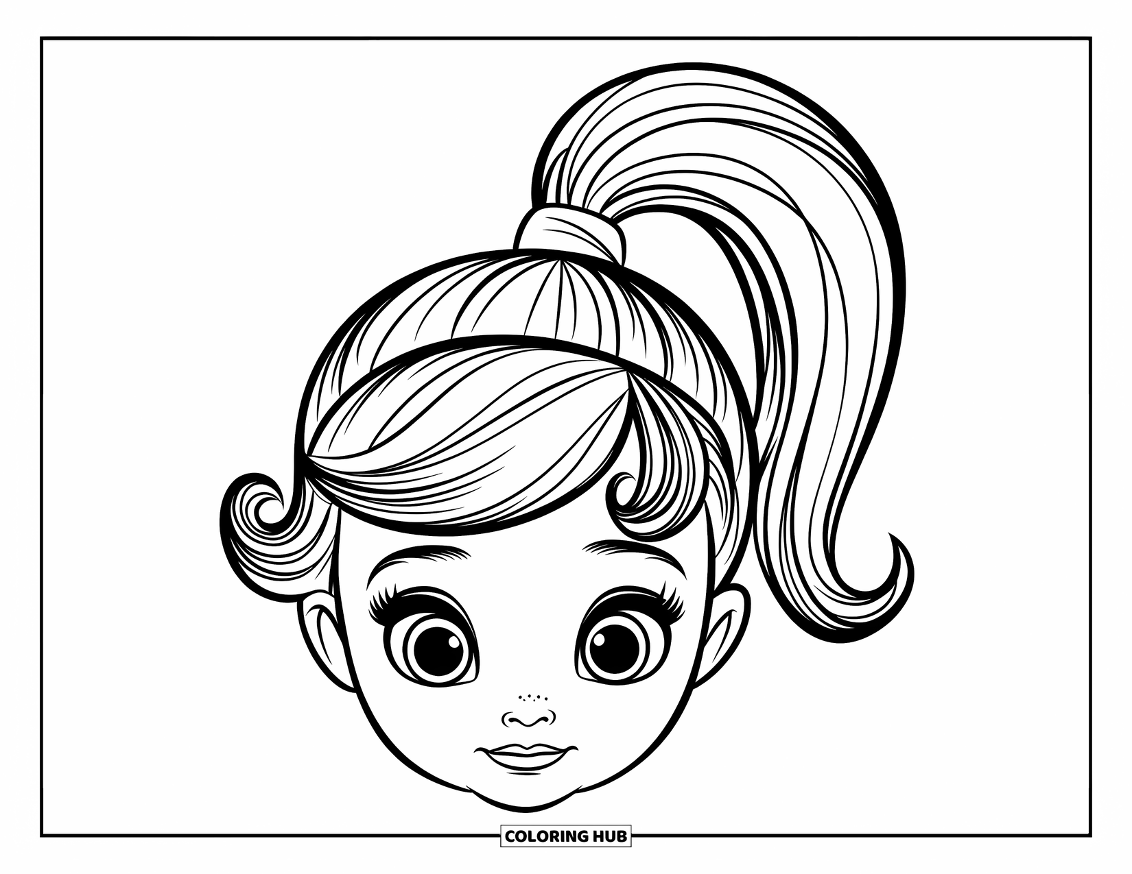 Hair Coloring Page for Kids: A cheerful child with a ponytail and big ribbon smiles softly