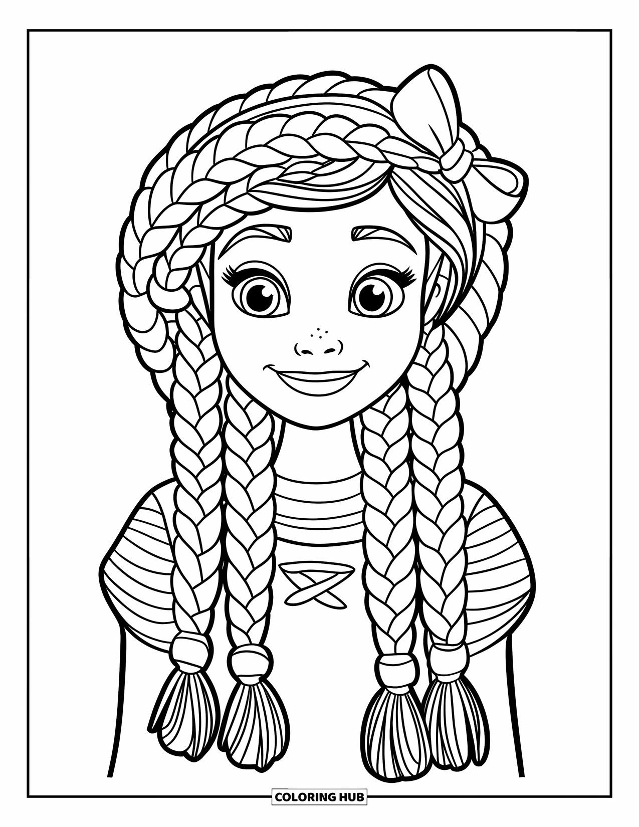 Hair Coloring Page for Kids: A cheerful girl with beaded braids and a striped shirt smiles
