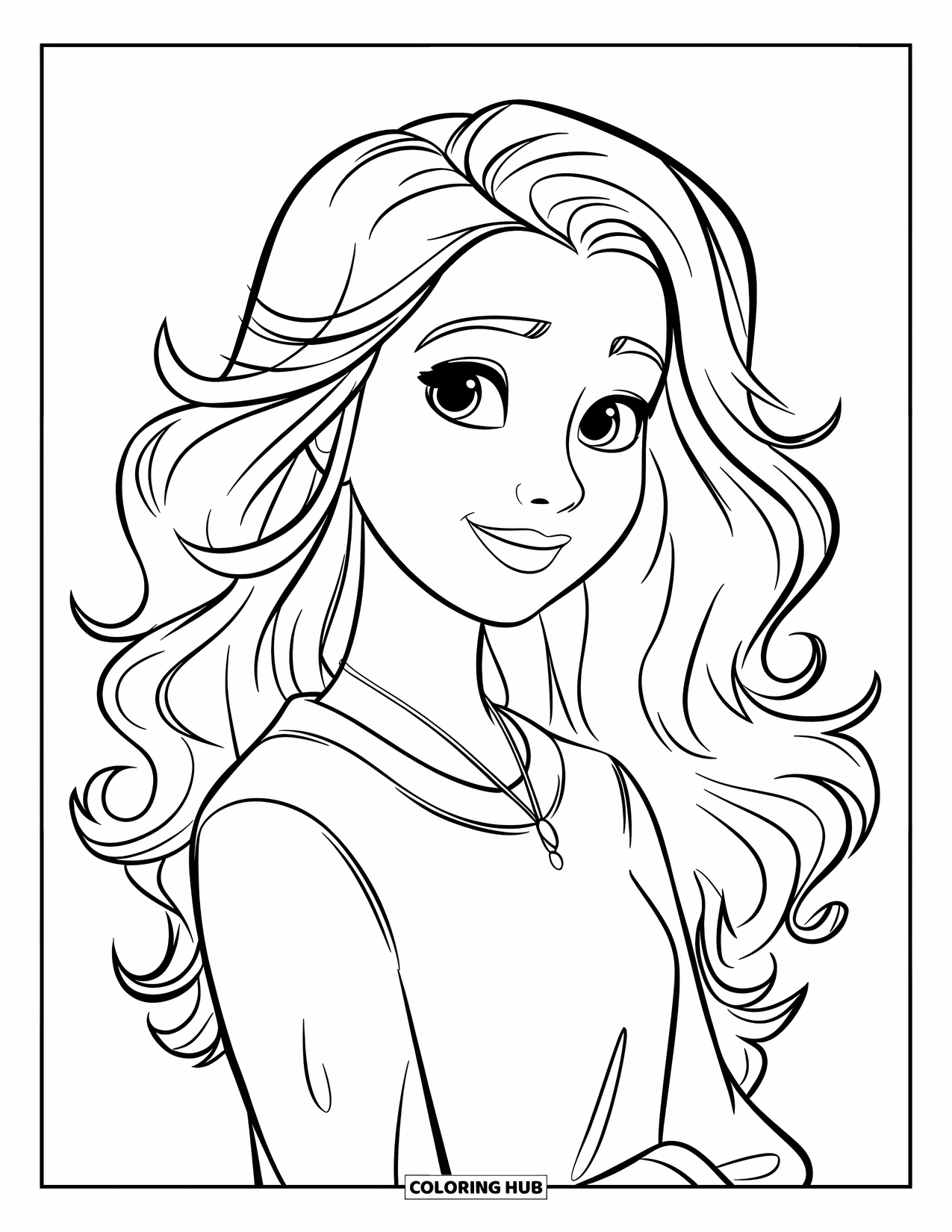 Hair Coloring Page for Kids: A cheerful girl with long curls and a sweater smiles sweetly