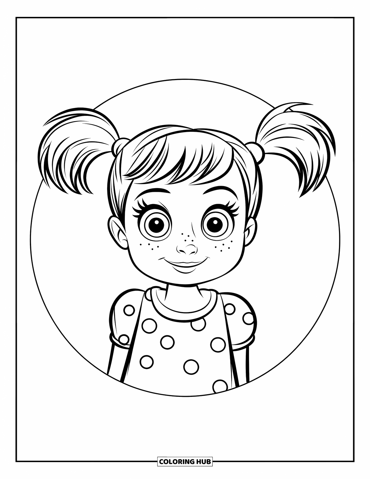 Hair Coloring Page for Kids: A cheerful girl with pigtails and a dotted dress smiles widely