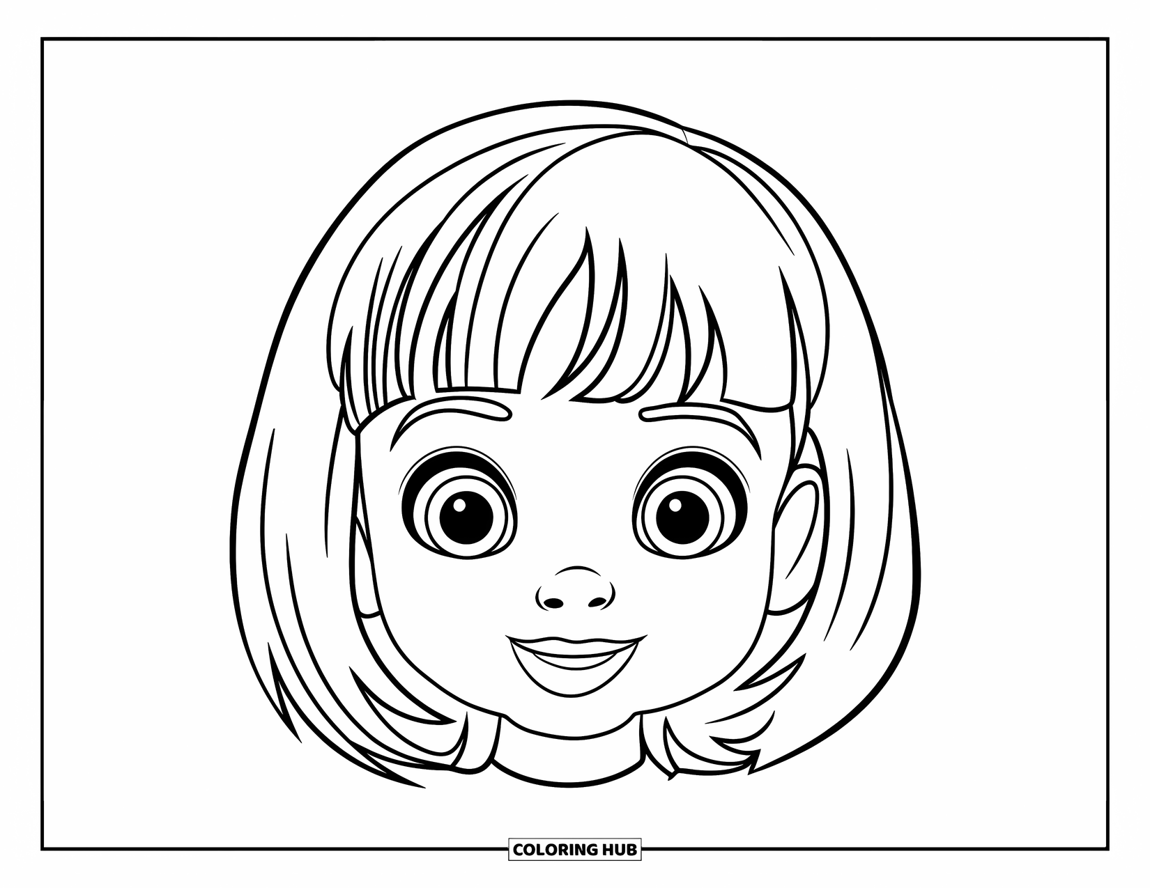 Hair Coloring Page for Kids: A child's straight bob with thick bangs and playful outlines
