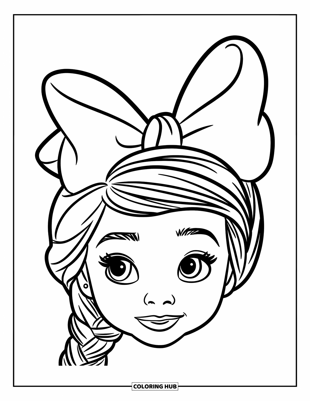 Hair Coloring Page for Kids: A close-up of a smiling girl with one braid and a big bow