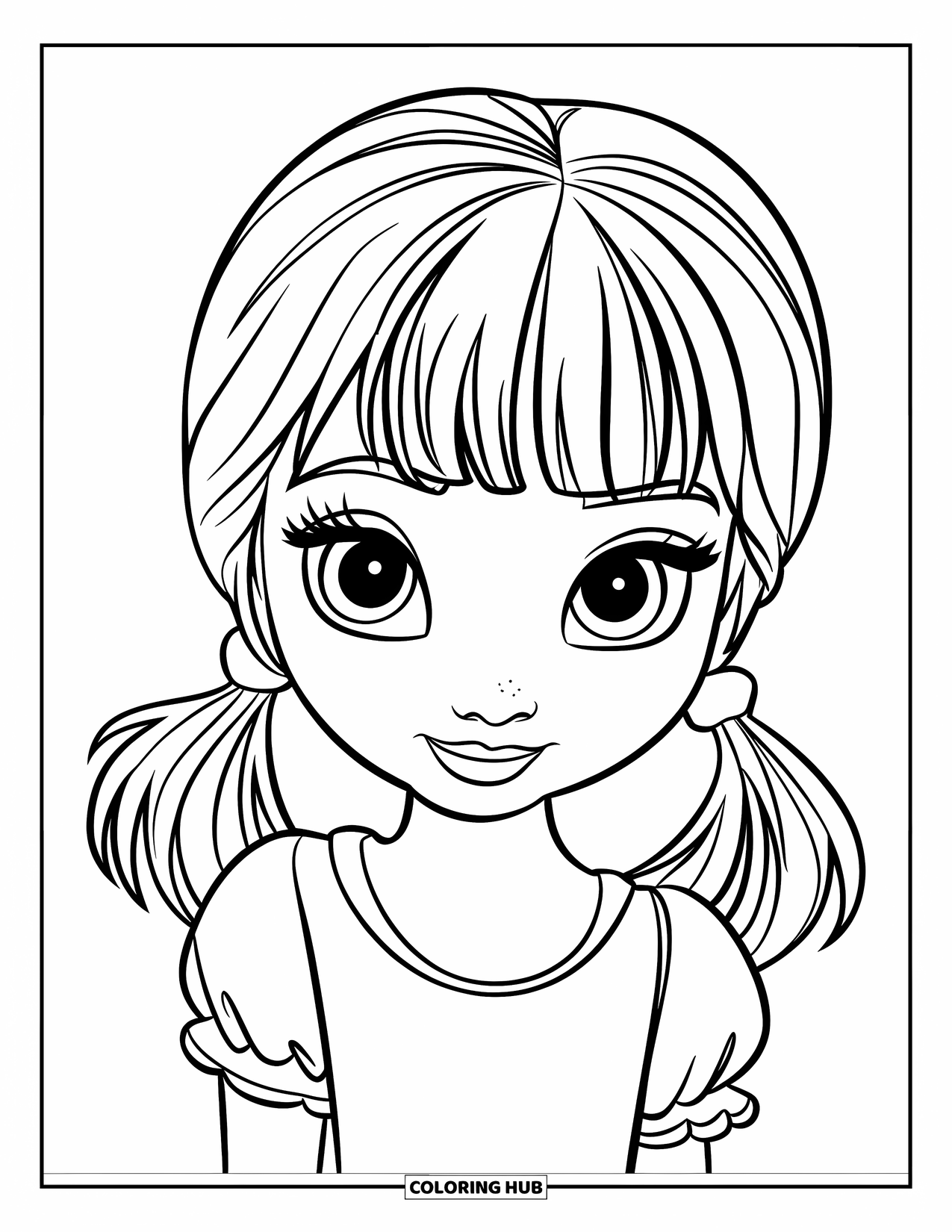 Hair Coloring Page for Kids: A cute girl with pigtails and round ties smiles brightly
