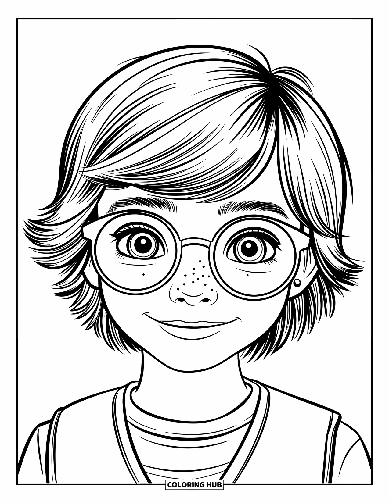 Hair Coloring Page for Kids: A friendly boy with glasses and curtain bangs smiles brightly