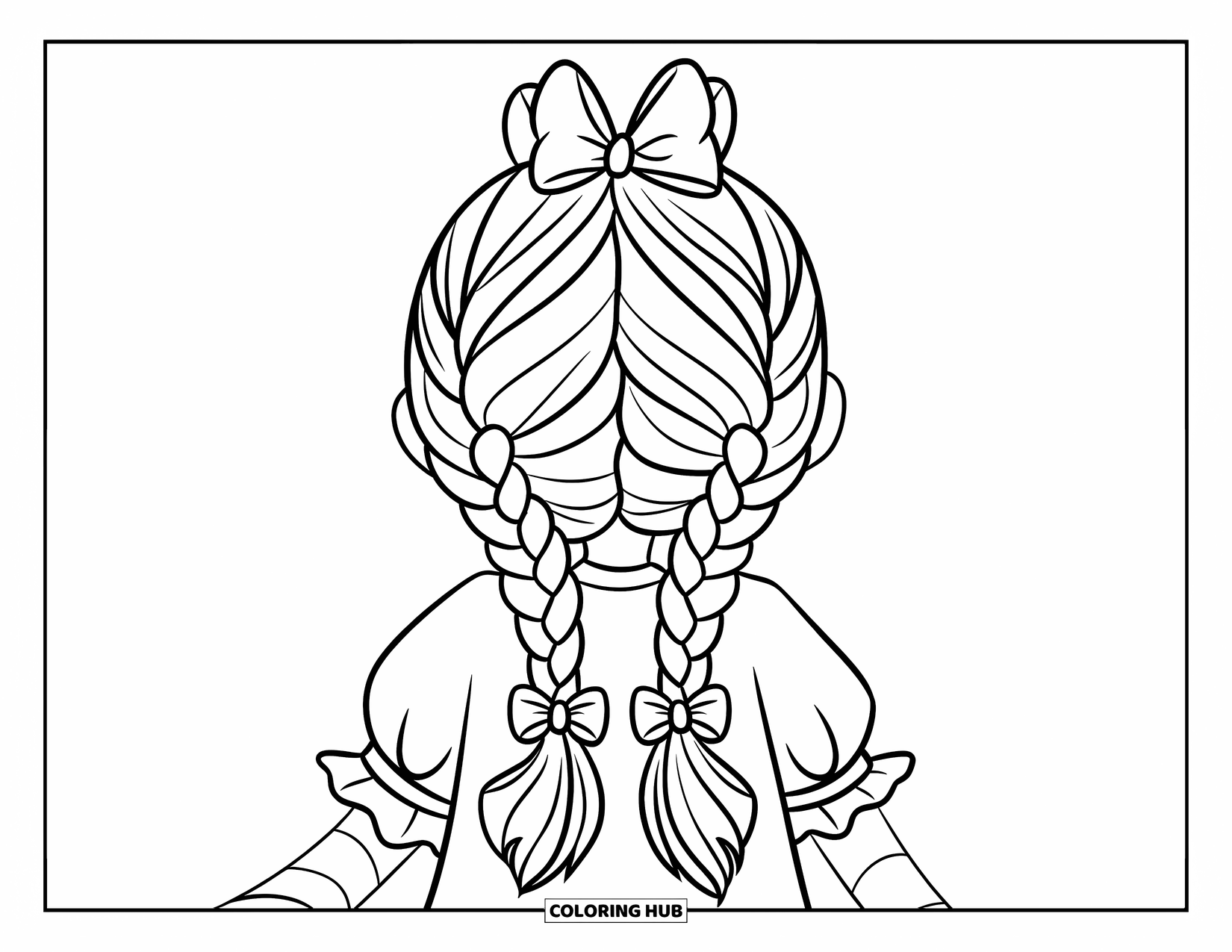 Hair Coloring Page for Kids: A girl in a dress with twin braids and bows smiles brightly
