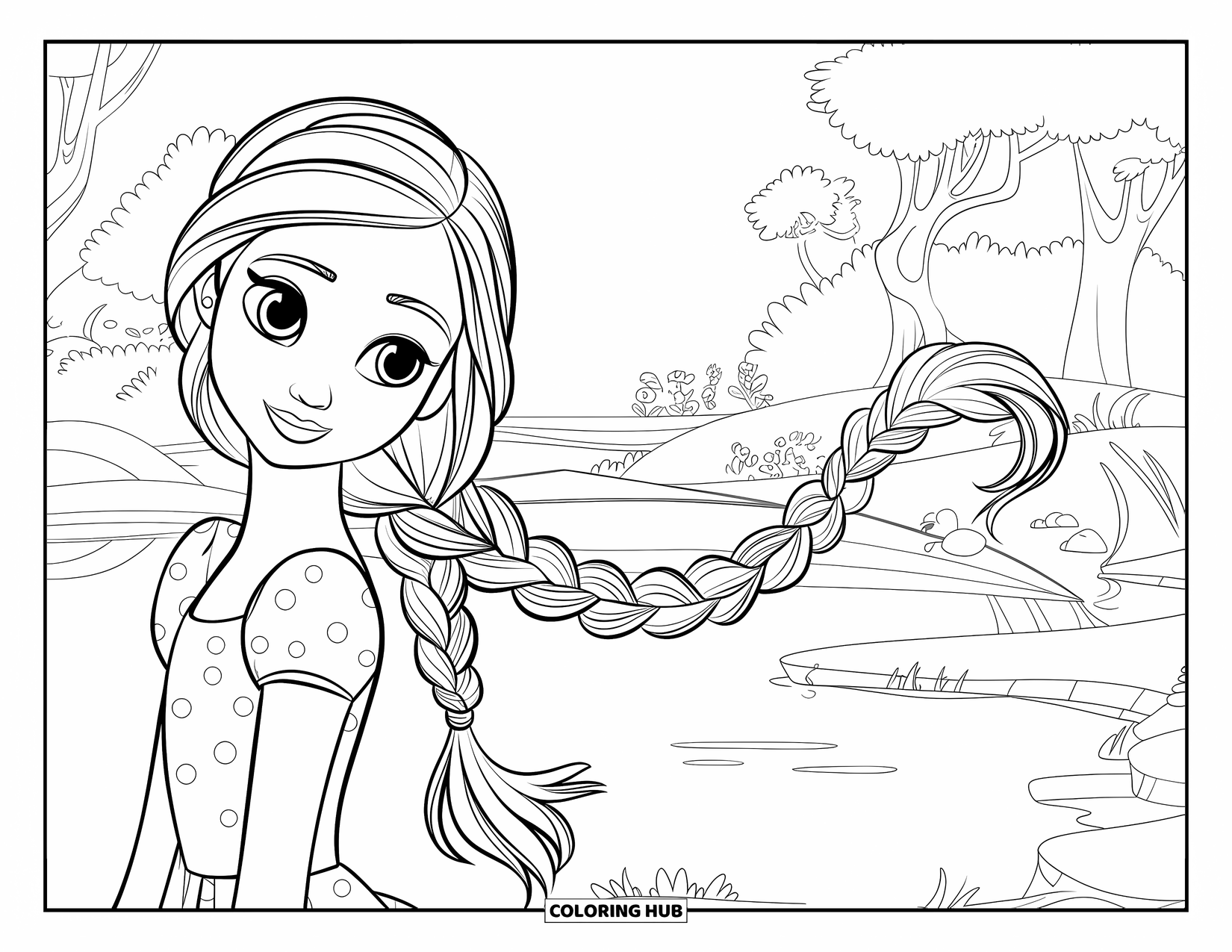 Hair Coloring Page for Kids: A girl with a fishtail braid stands near trees and a calm bridge