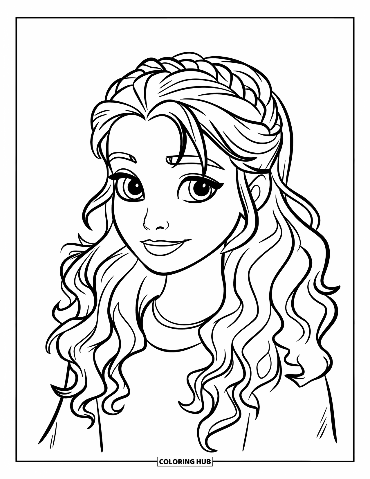 Hair Coloring Page for Kids: A girl with curly hair wears a half-up braided crown and necklace