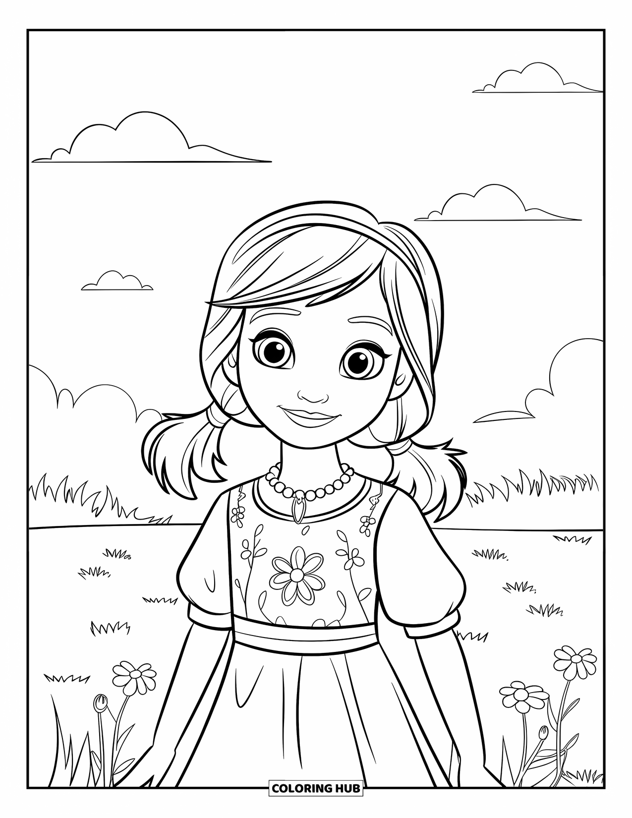 Hair Coloring Page for Kids: A girl with pigtails and a floral dress stands on a grassy field