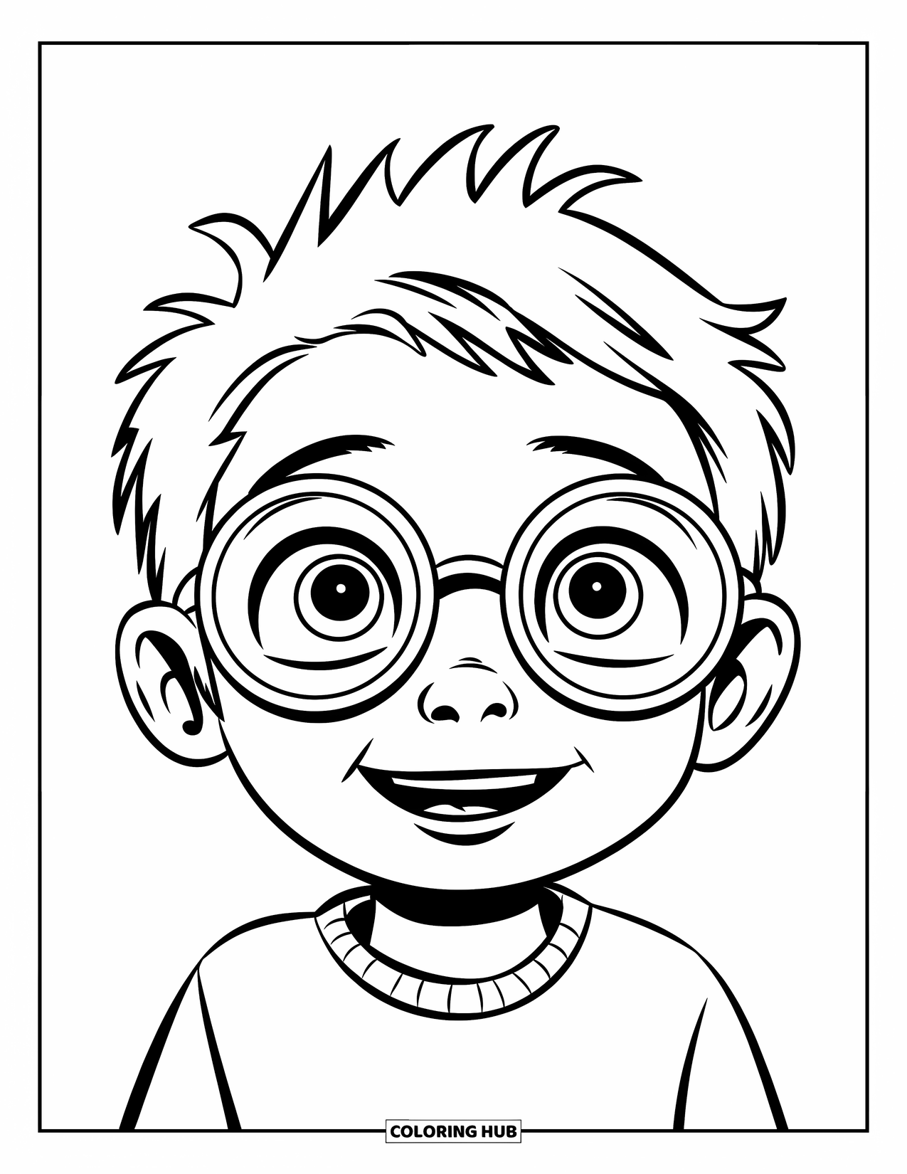 Hair Coloring Page for Kids: A happy boy with spiky hair and glasses looking upward