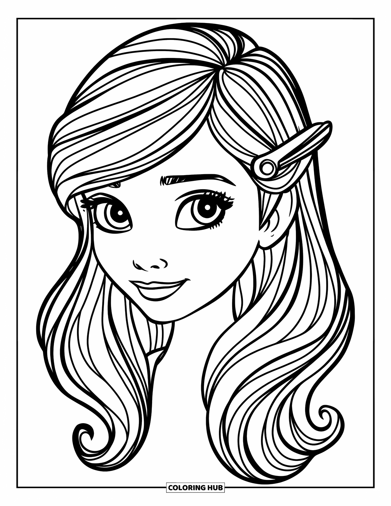 Hair Coloring Page for Kids: A layered hairstyle with a side clip and flowing locks