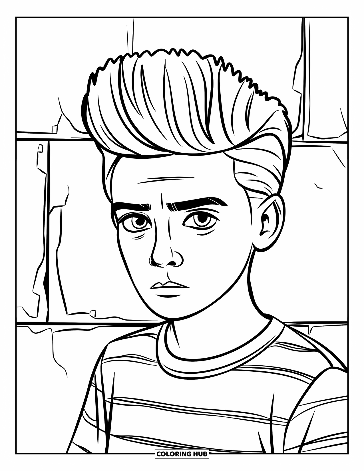 Hair Coloring Page for Kids: A serious boy with a pompadour hairstyle wears a striped shirt