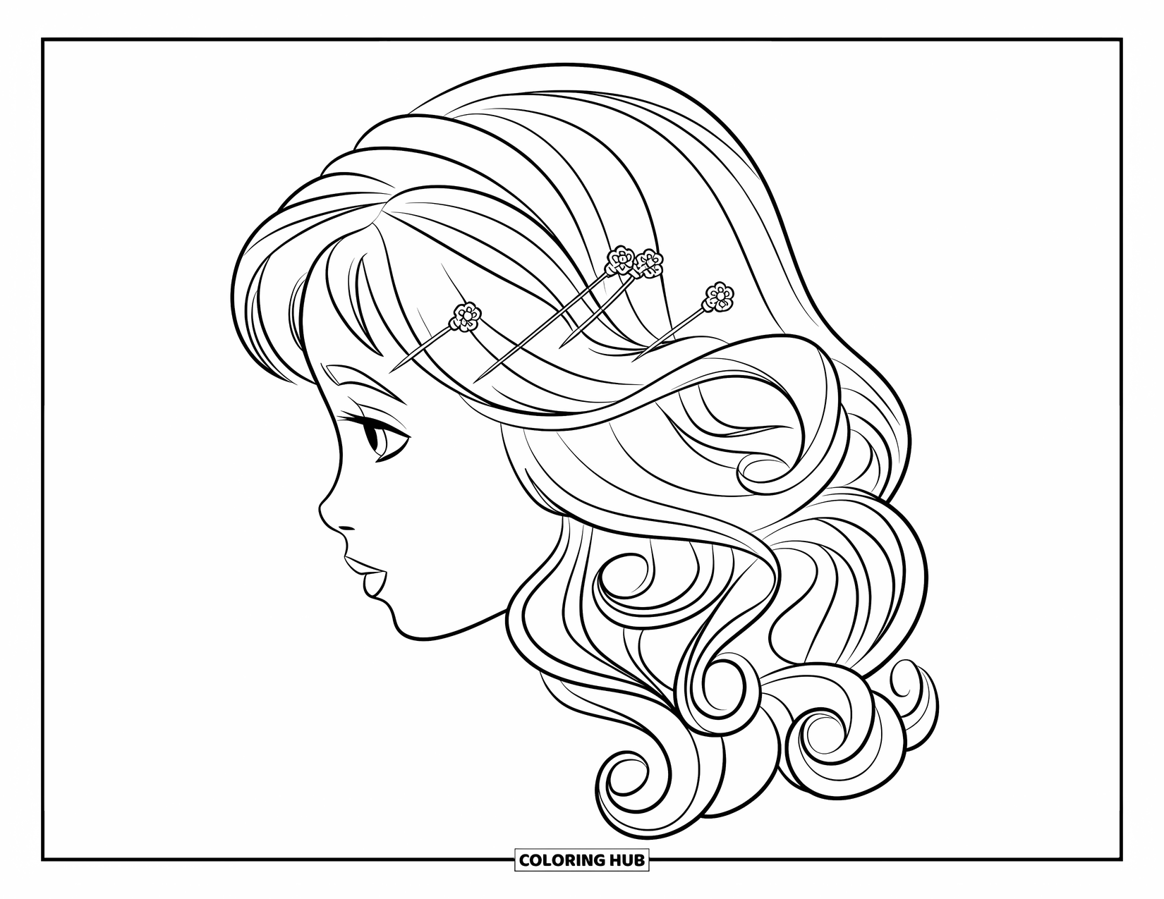 Hair Coloring Page for Kids: A side view of a girl's curls with pretty pins and soft outlines