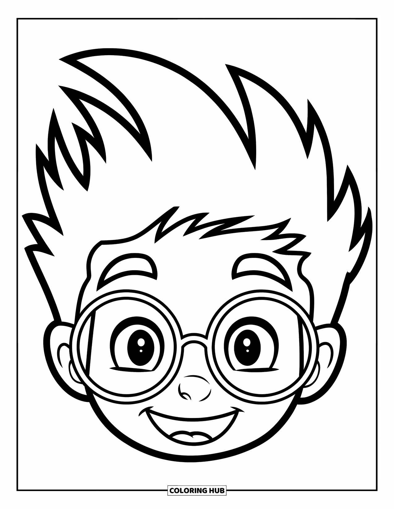 Hair Coloring Page for Kids: A smiling boy with spiky hair and big glasses grins widely
