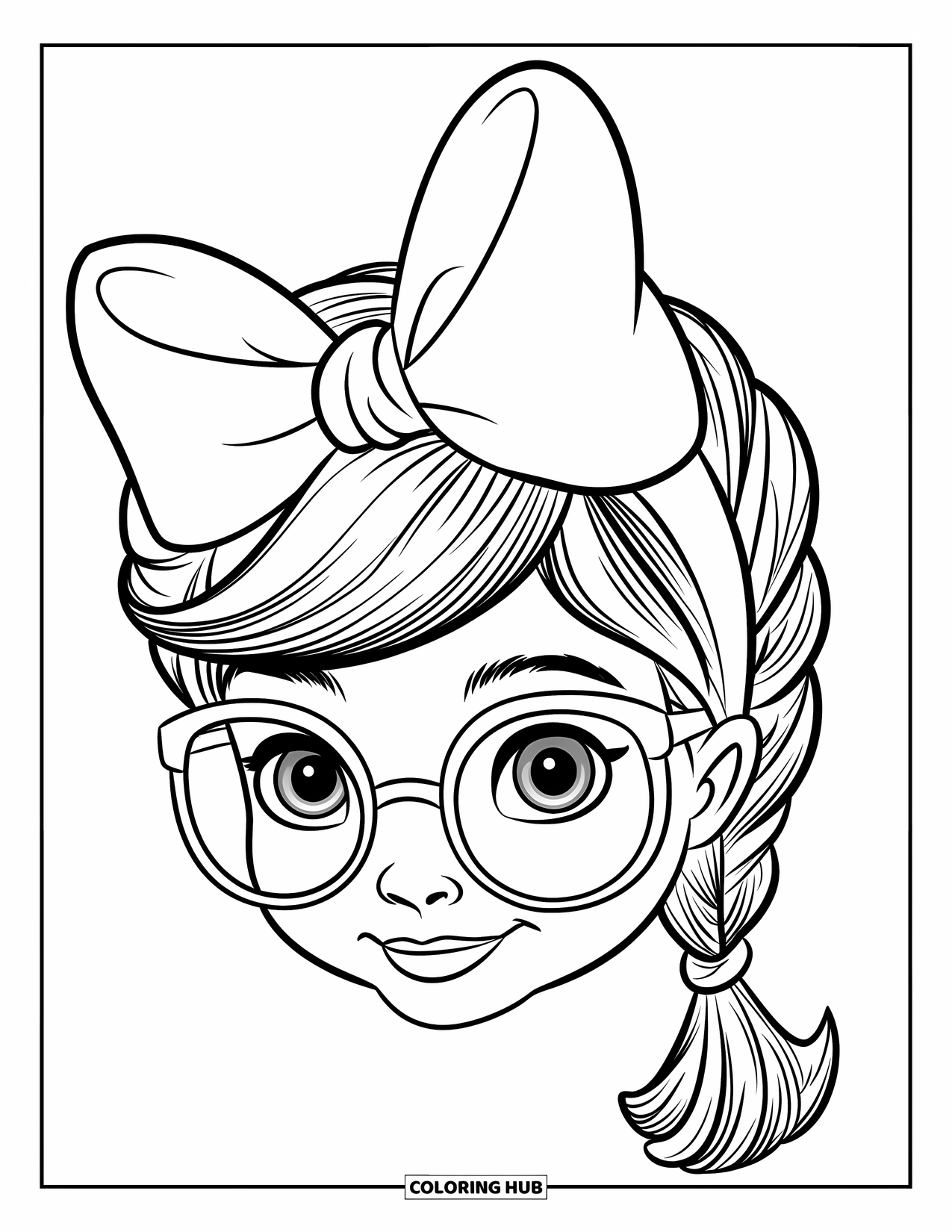 Hair Coloring Page for Kids: A smiling girl with a single braid and glasses looks cheerful