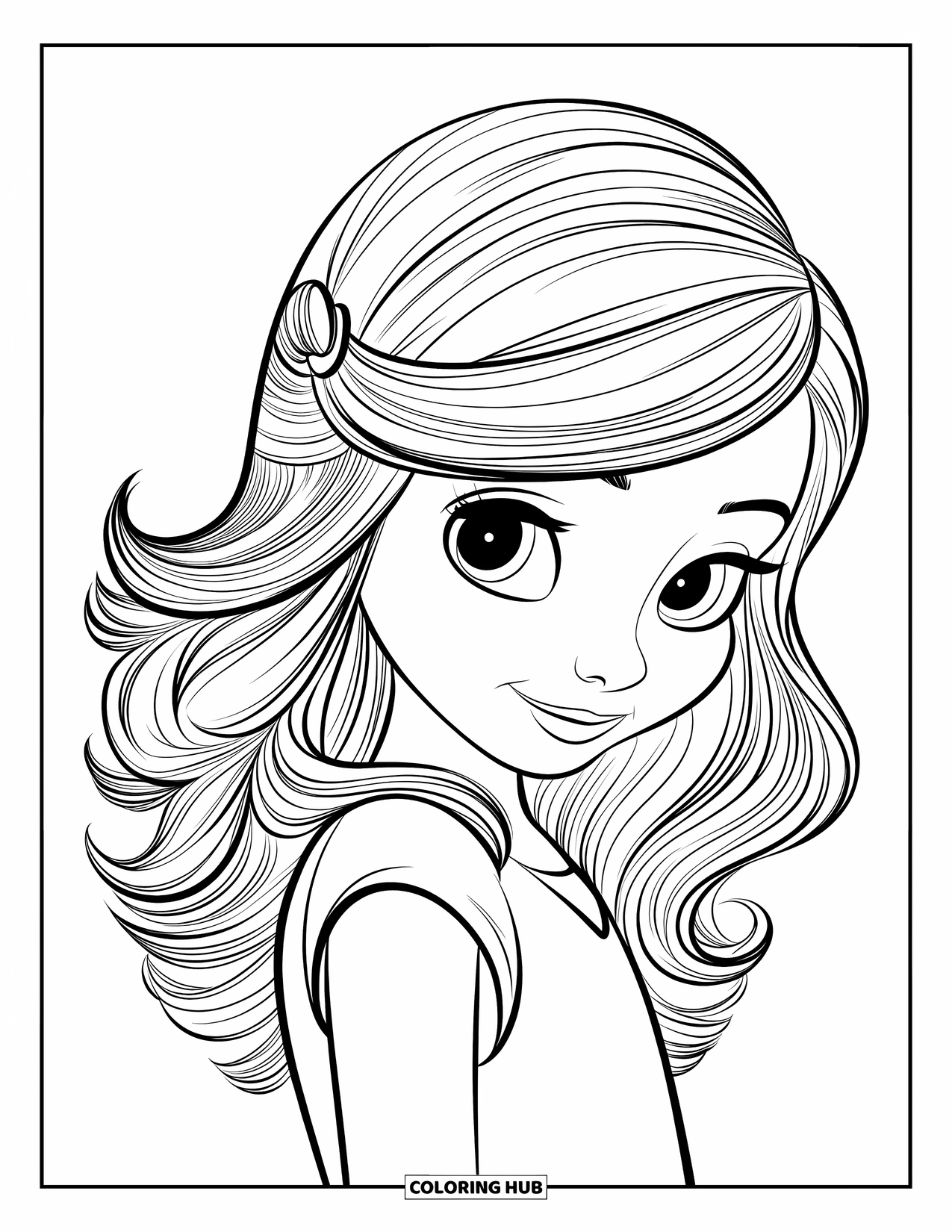Hair Coloring Page for Kids: A smiling girl with layers and a side clip in her neat hair