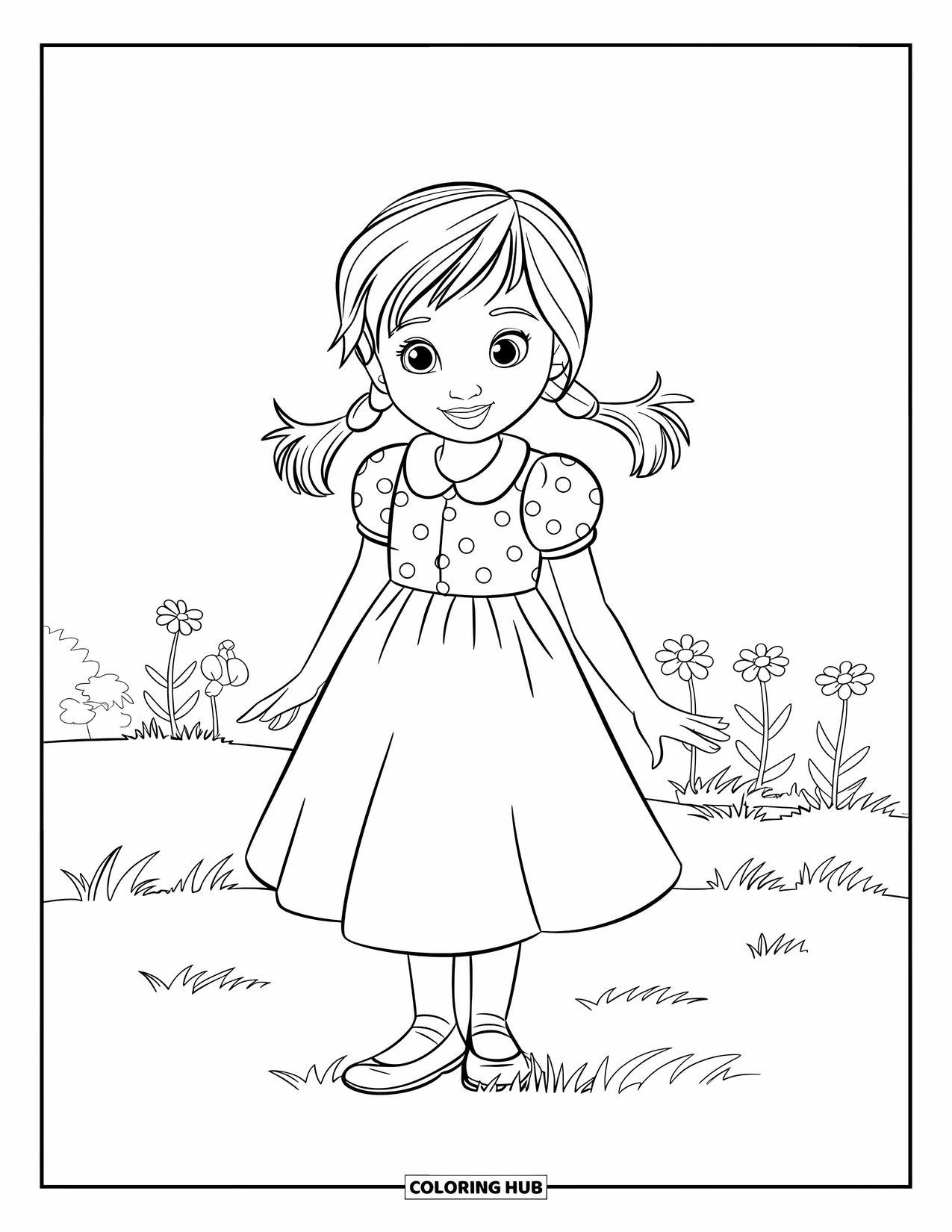 Hair Coloring Page for Kids: A smiling girl with pigtails and a blue dress enjoys the sunshine