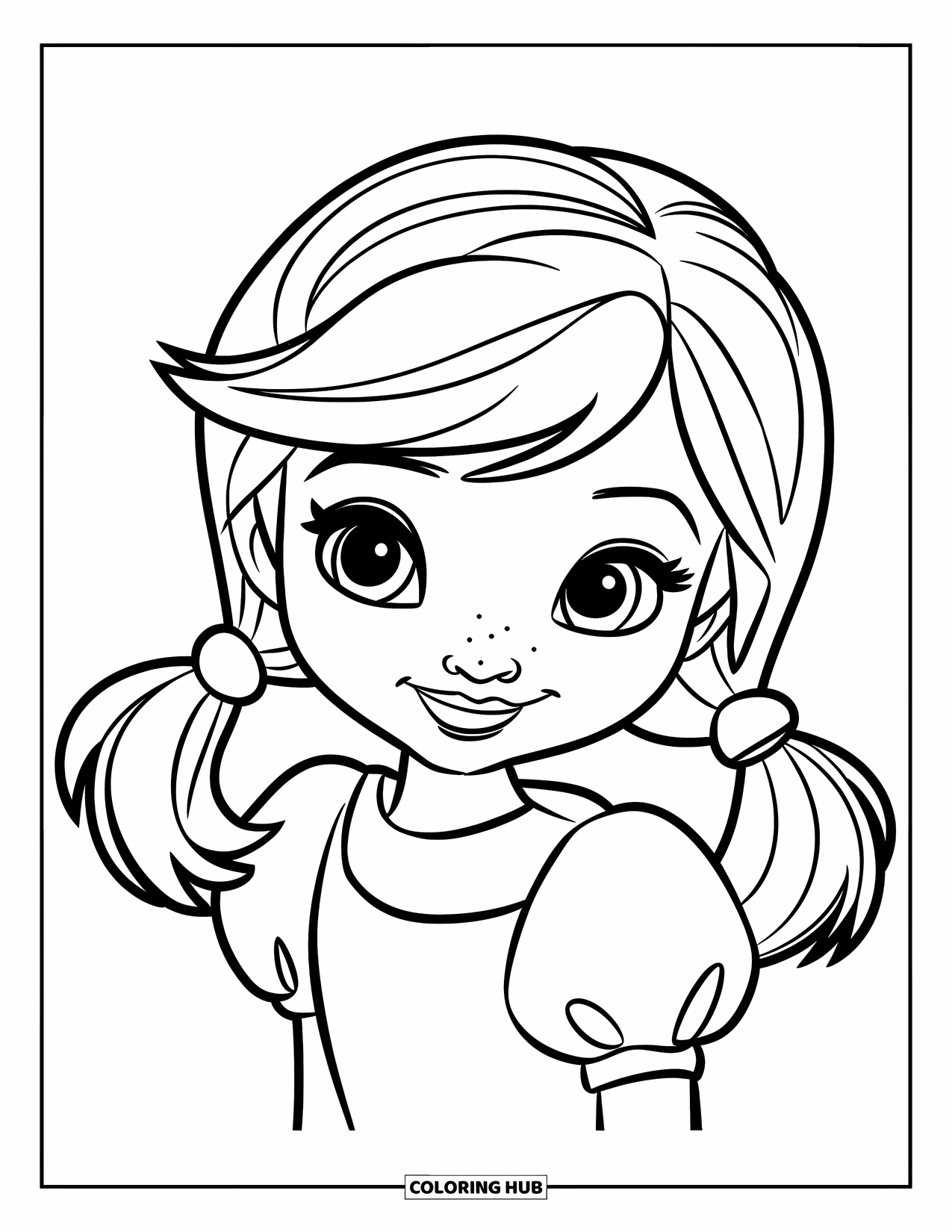 Hair Coloring Page for Kids: A smiling girl with pigtails tied with round hair ties