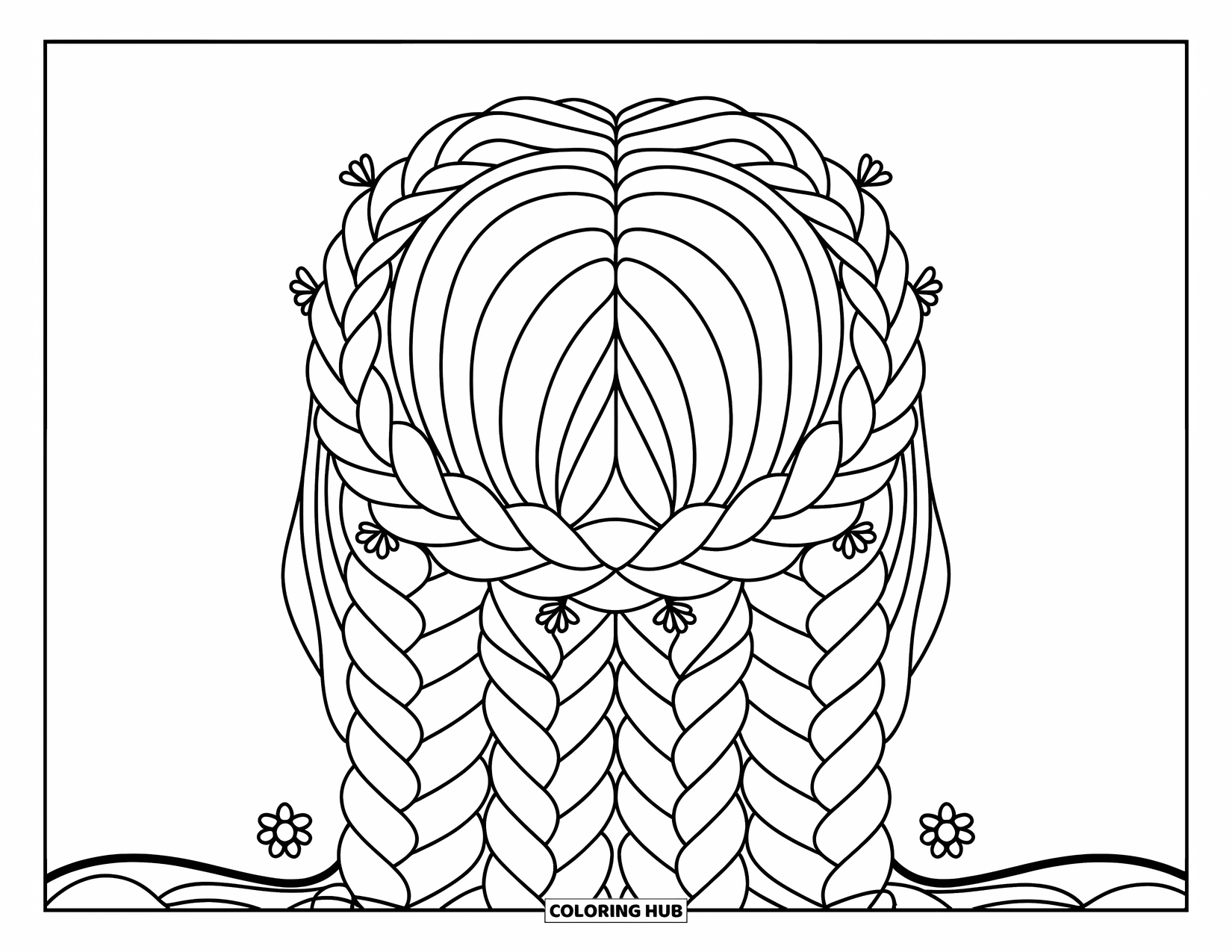 Hair Coloring Page for Kids: A top view of a braided crown with floral accents and leaves