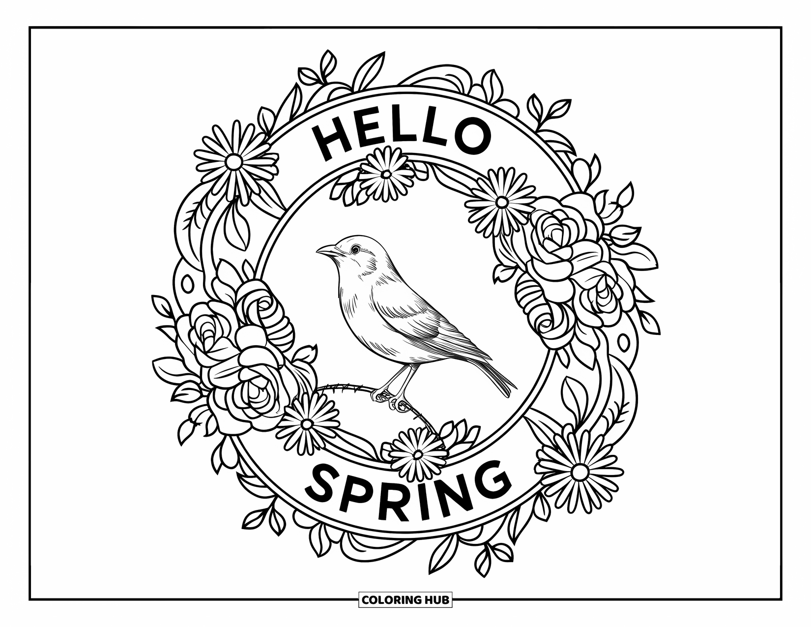 Hello Spring Coloring Page for Adults: A bird framed in flowers and leaves with "Hello Spring" around the edge