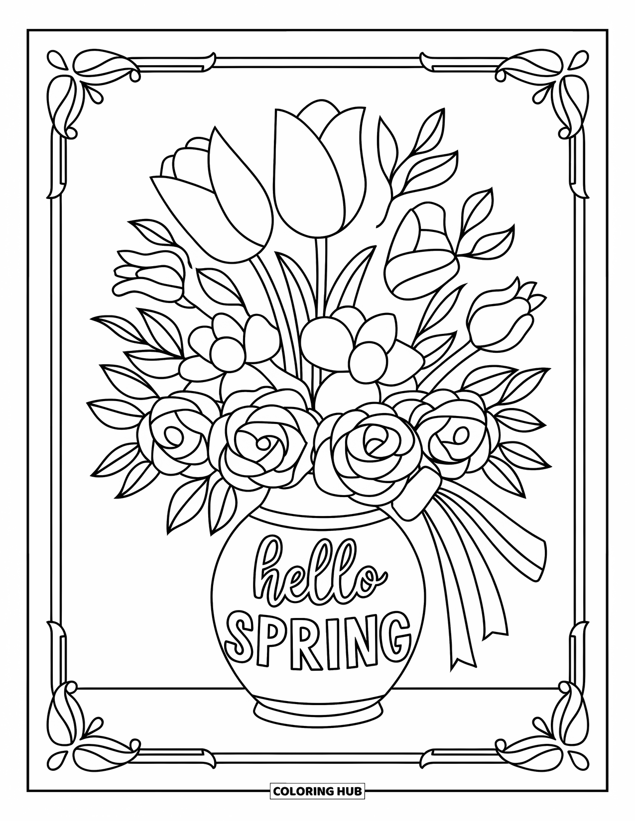 Hello Spring Coloring Page for Adults: A bouquet of tulips, roses, and daffodils in a vase marked "Hello Spring"