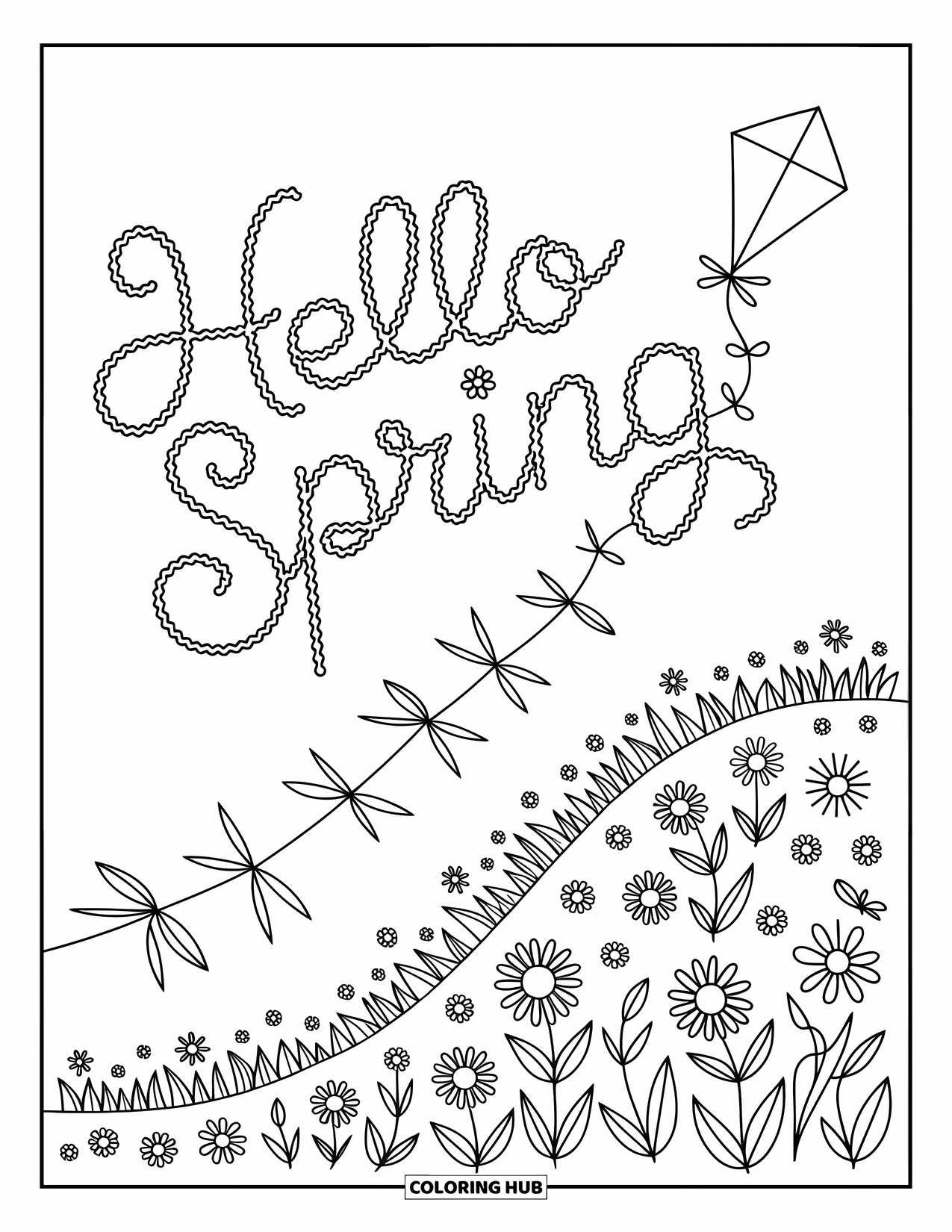 Hello Spring Coloring Page for Adults: A breezy hillside scene with a kite forming "Hello Spring" in the sky