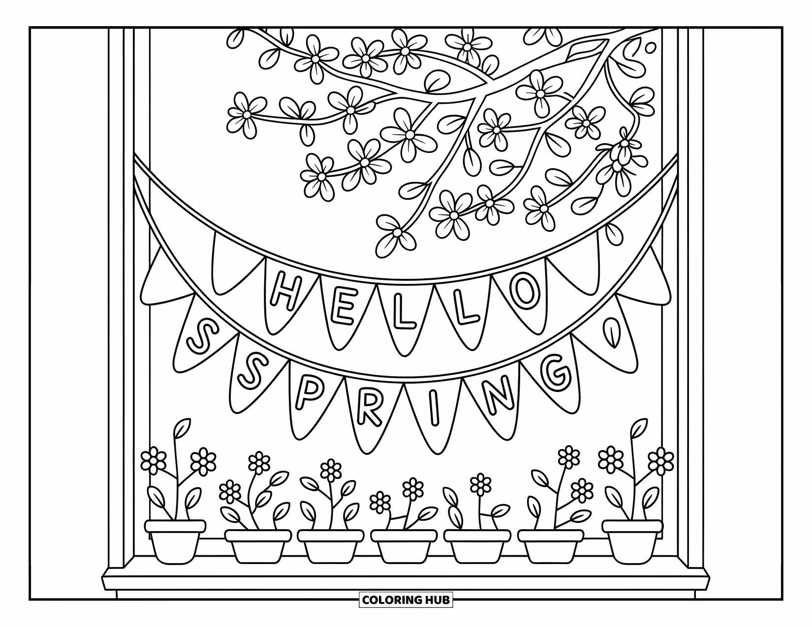 Hello Spring Coloring Page for Adults: A bright window framed by blooms and flags spelling "Hello Spring"
