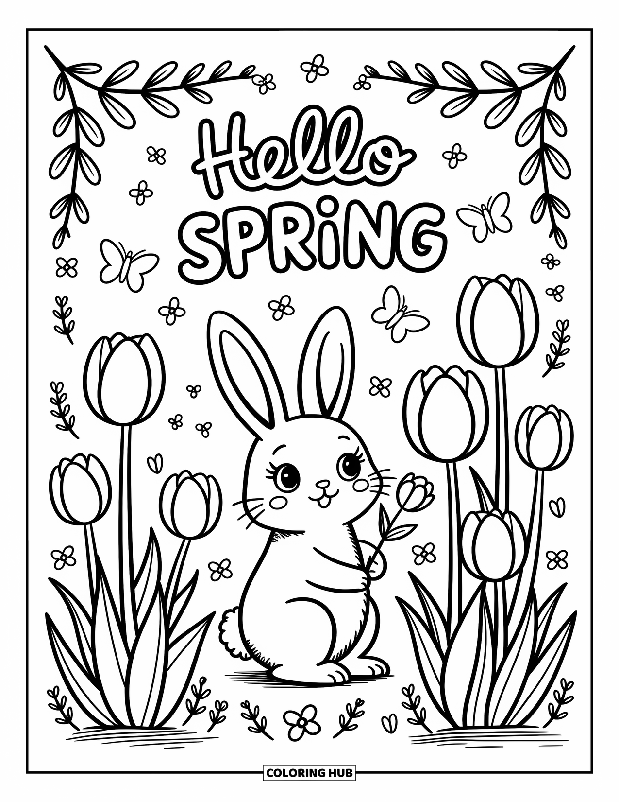 Hello Spring Coloring Page for Adults: A bunny in a tulip patch with butterflies and "Hello Spring" above
