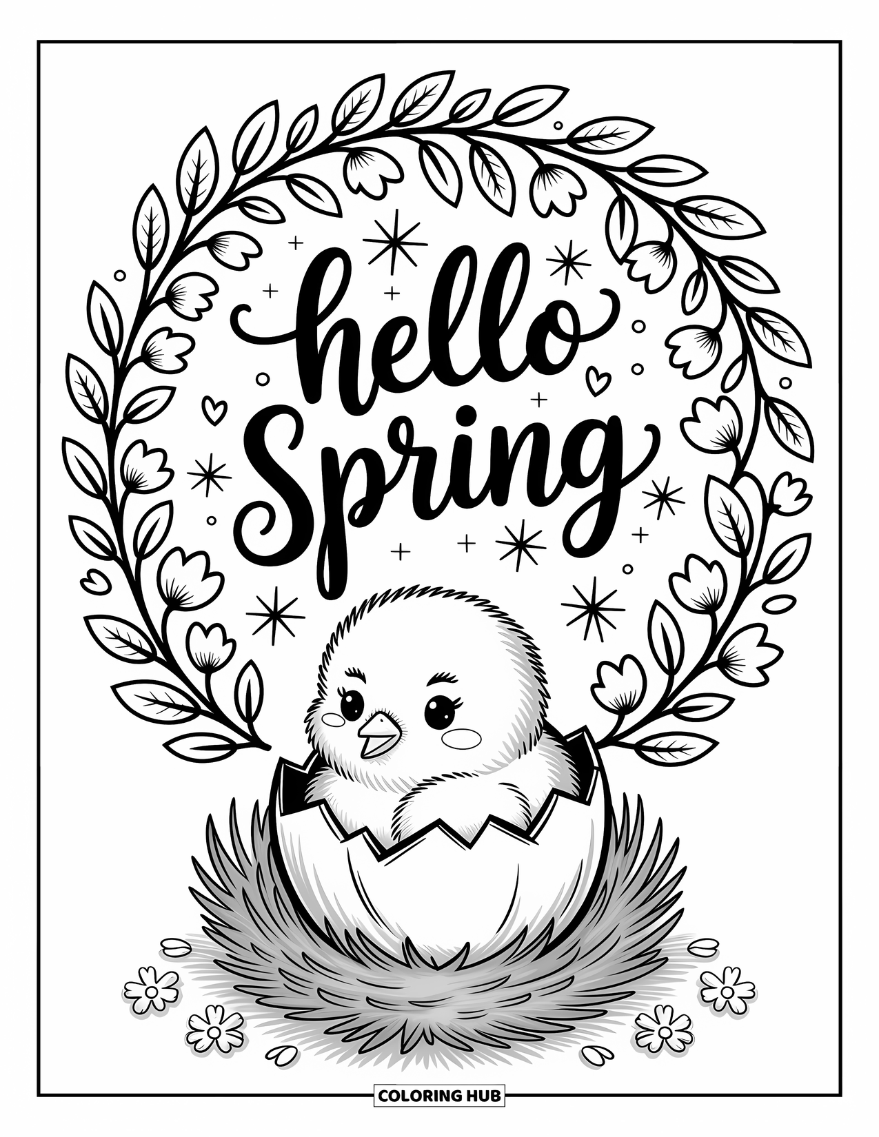 Hello Spring Coloring Page for Adults: A chick in a nest inside a floral wreath with "Hello Spring" above