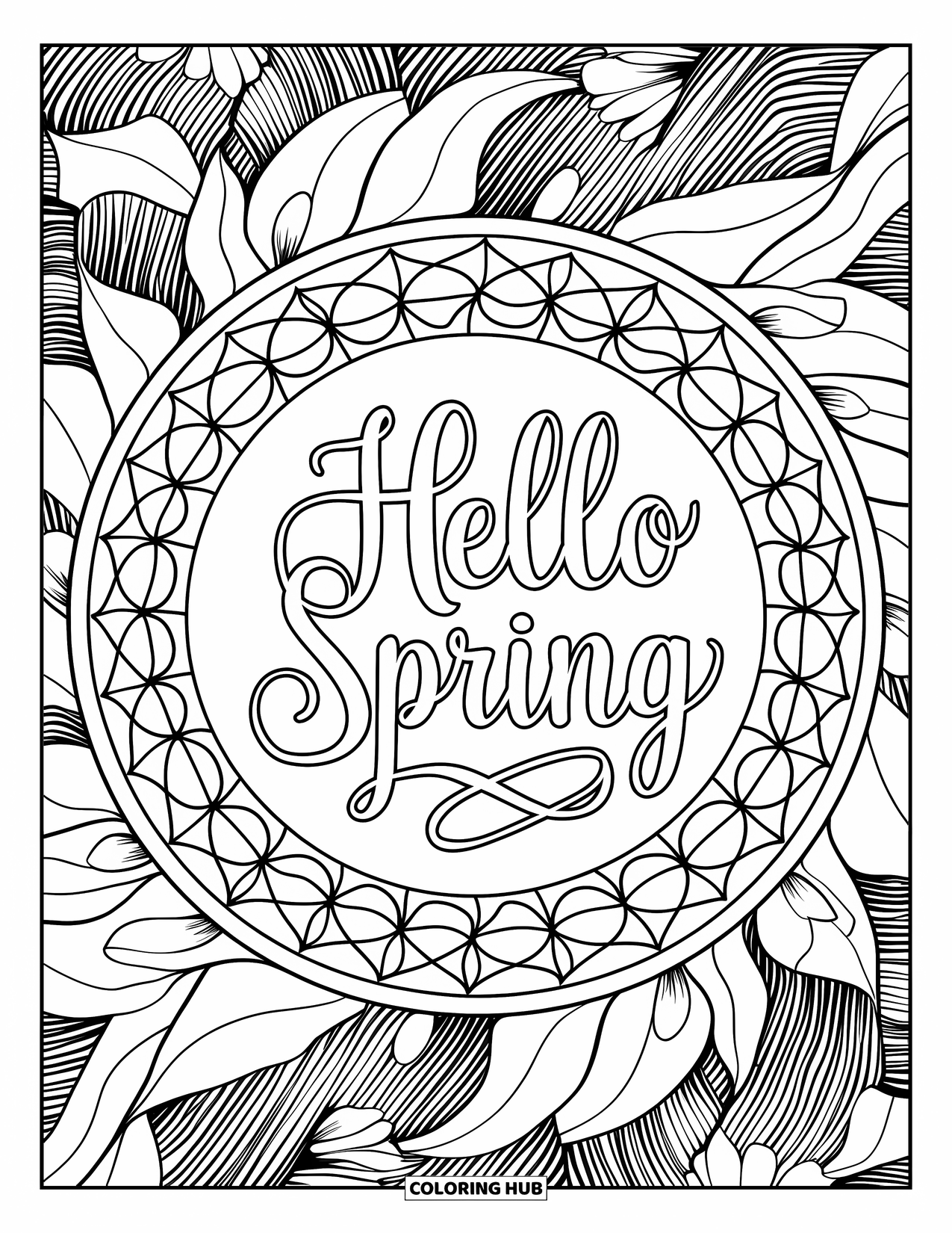 Hello Spring Coloring Page for Adults: A circular mandala of leaves and flowers around "Hello Spring"