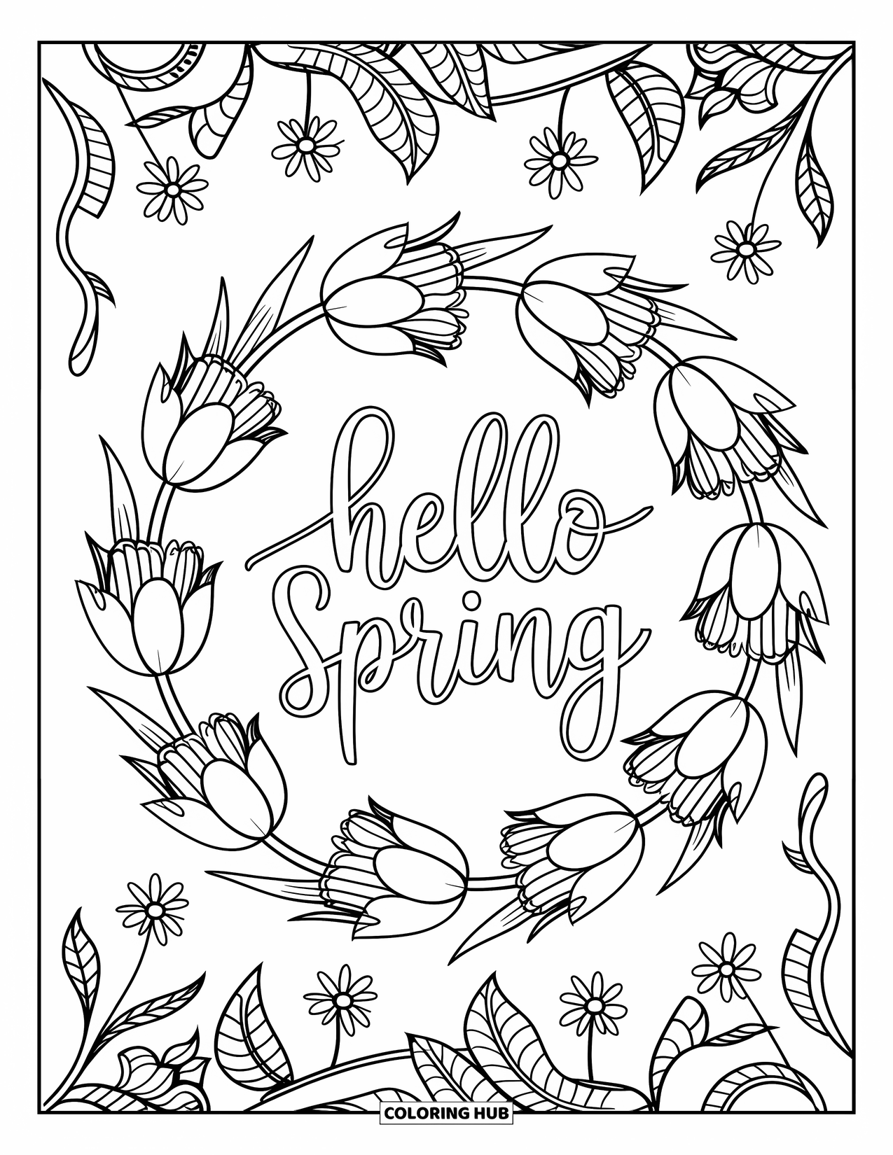 Hello Spring Coloring Page for Adults: A detailed wreath with flowers and vines around "Hello Spring"
