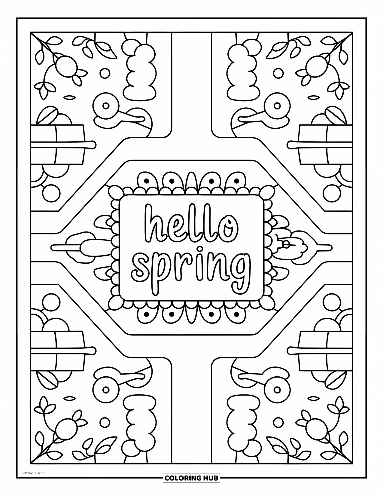 Hello Spring Coloring Page for Adults: A formal garden layout with "Hello Spring" on a garden plaque