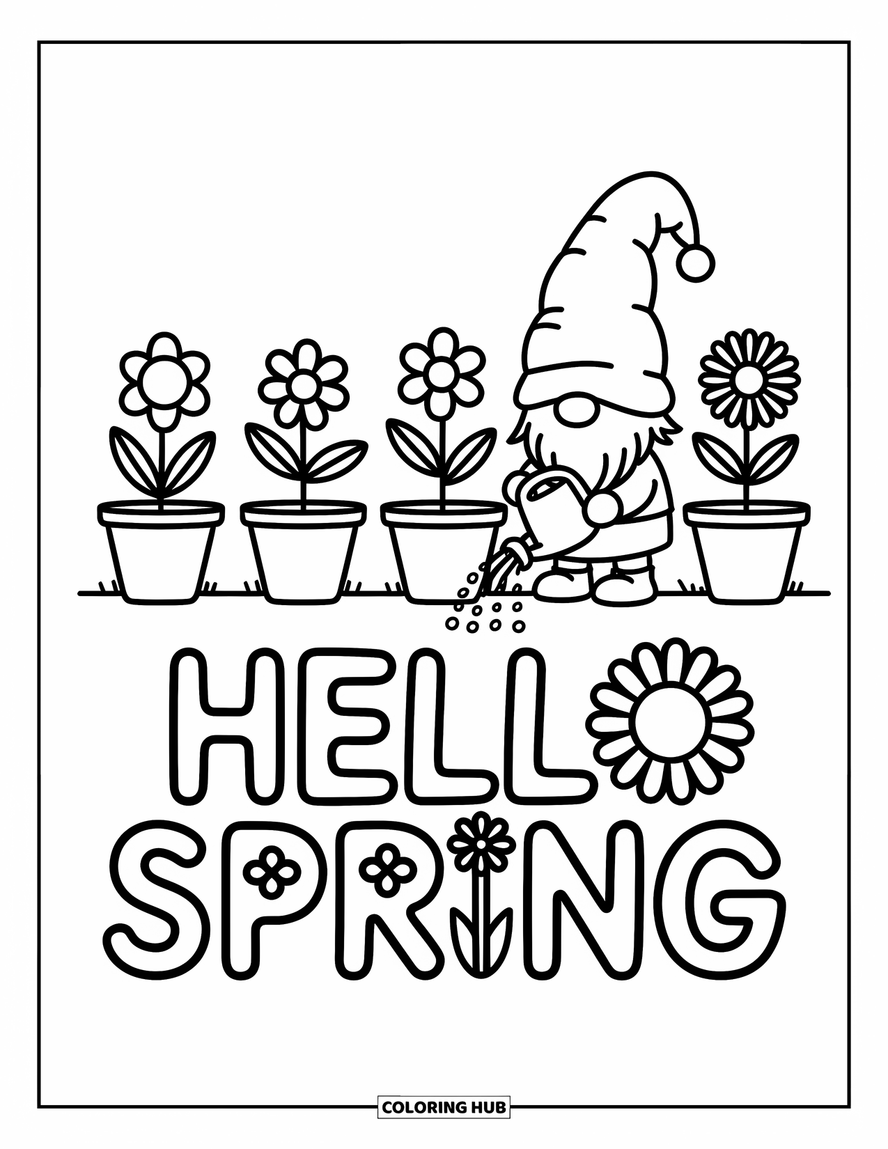 Hello Spring Coloring Page for Adults: A gnome watering flower pots shaped like the letters "Hello Spring"