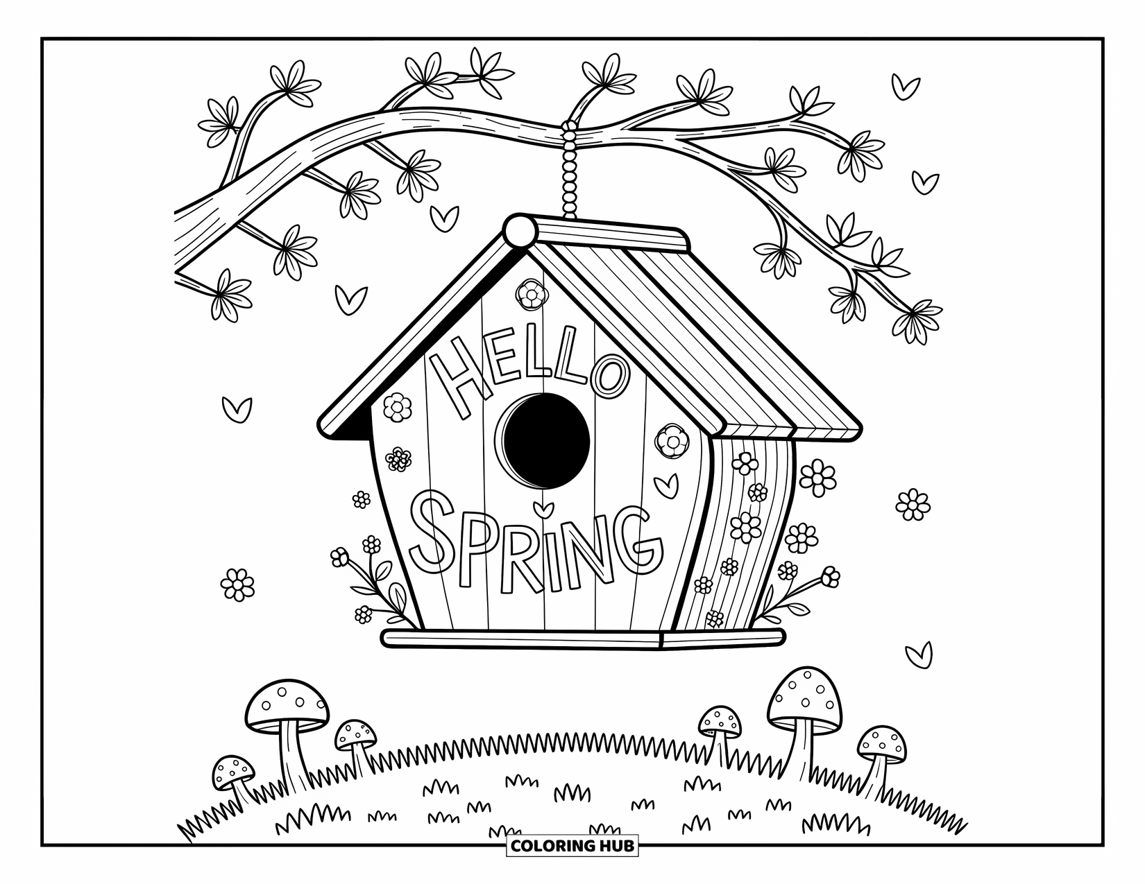 Hello Spring Coloring Page for Adults: A hanging birdhouse among flowers with "Hello Spring" etched in wood